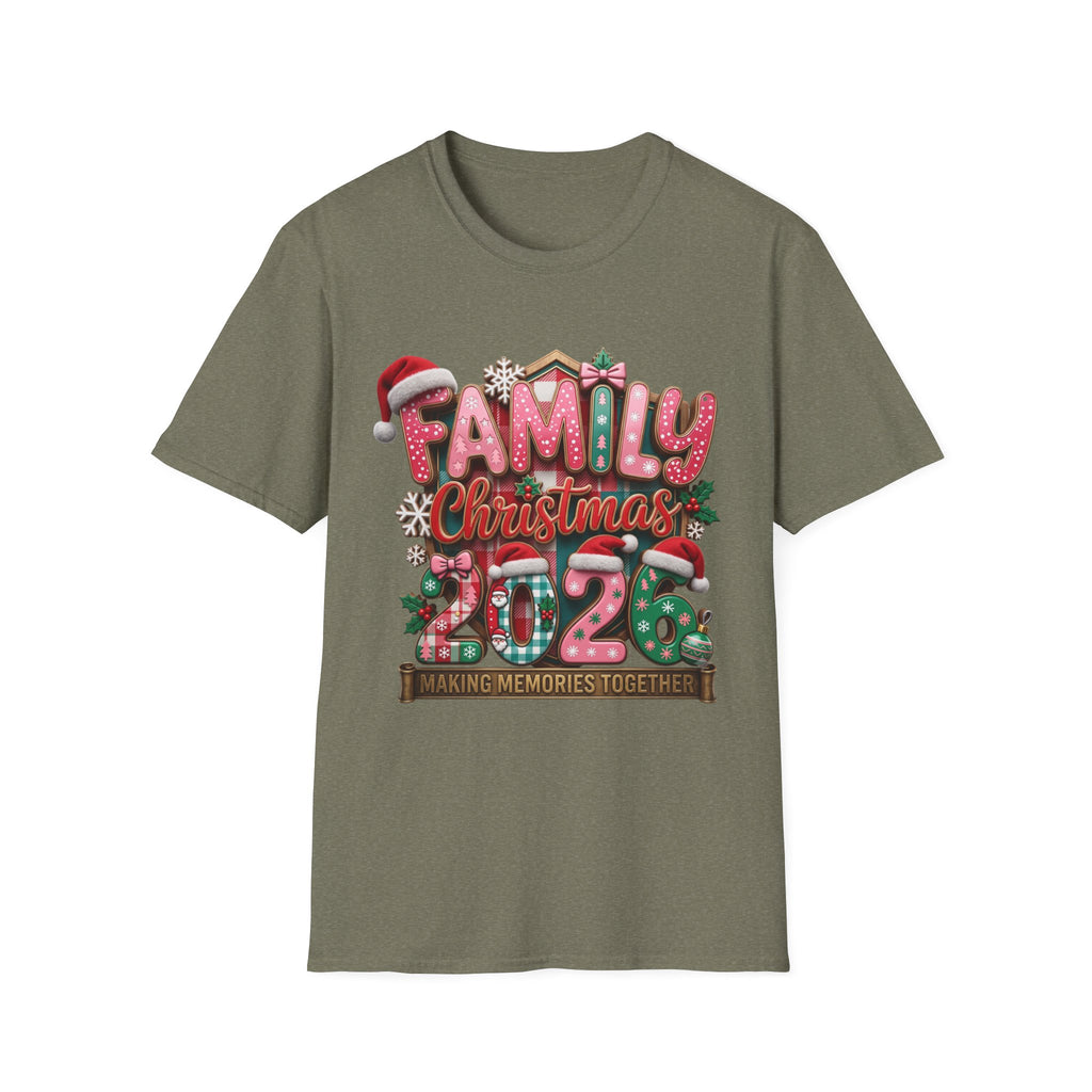 Family Christmas 2026 Making Memories Together print on the front of a Heather Military Green t-shirt, laid flat on white