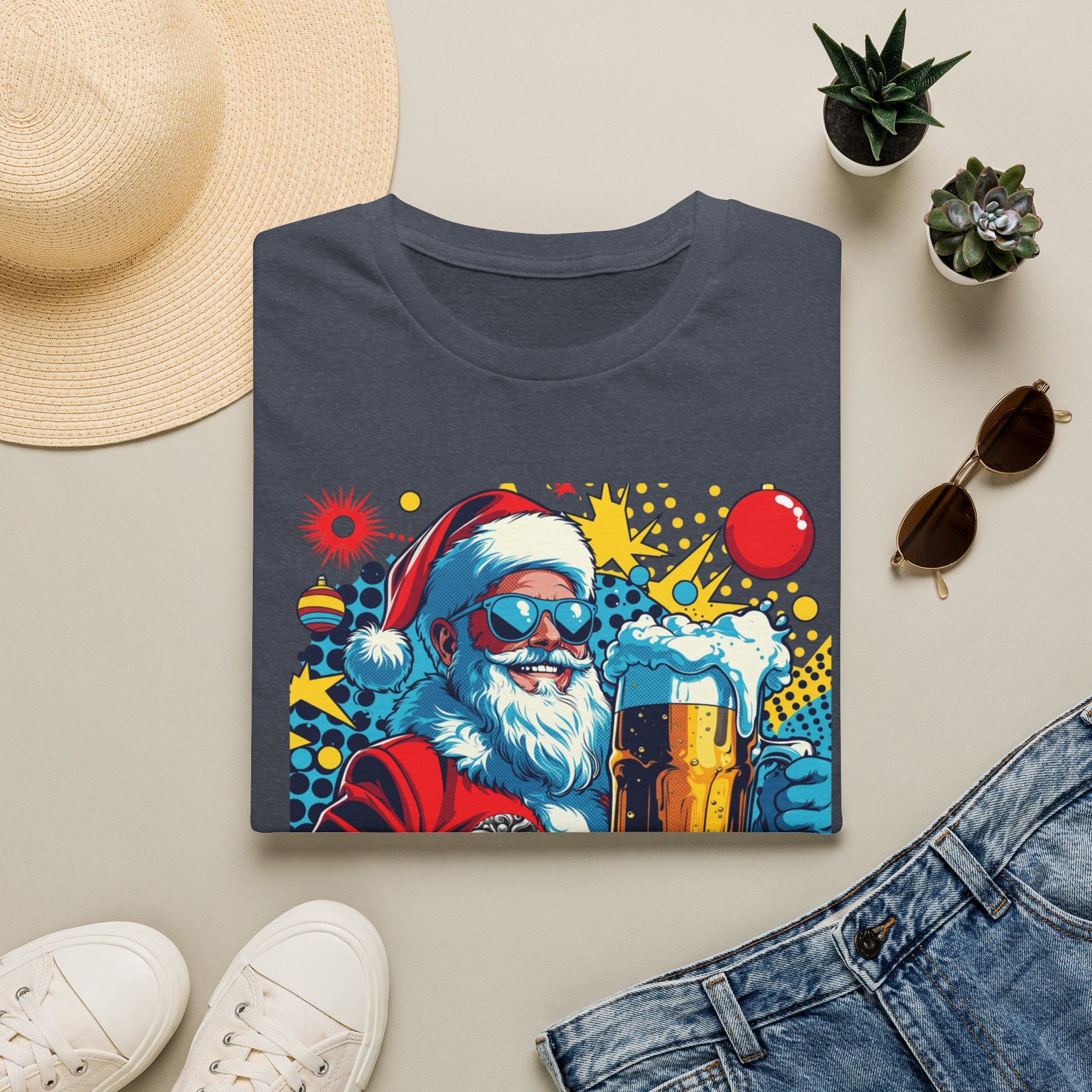 Naughty List Is My People Pop Art Santa Beer T-Shirt, shown in Heather Navy