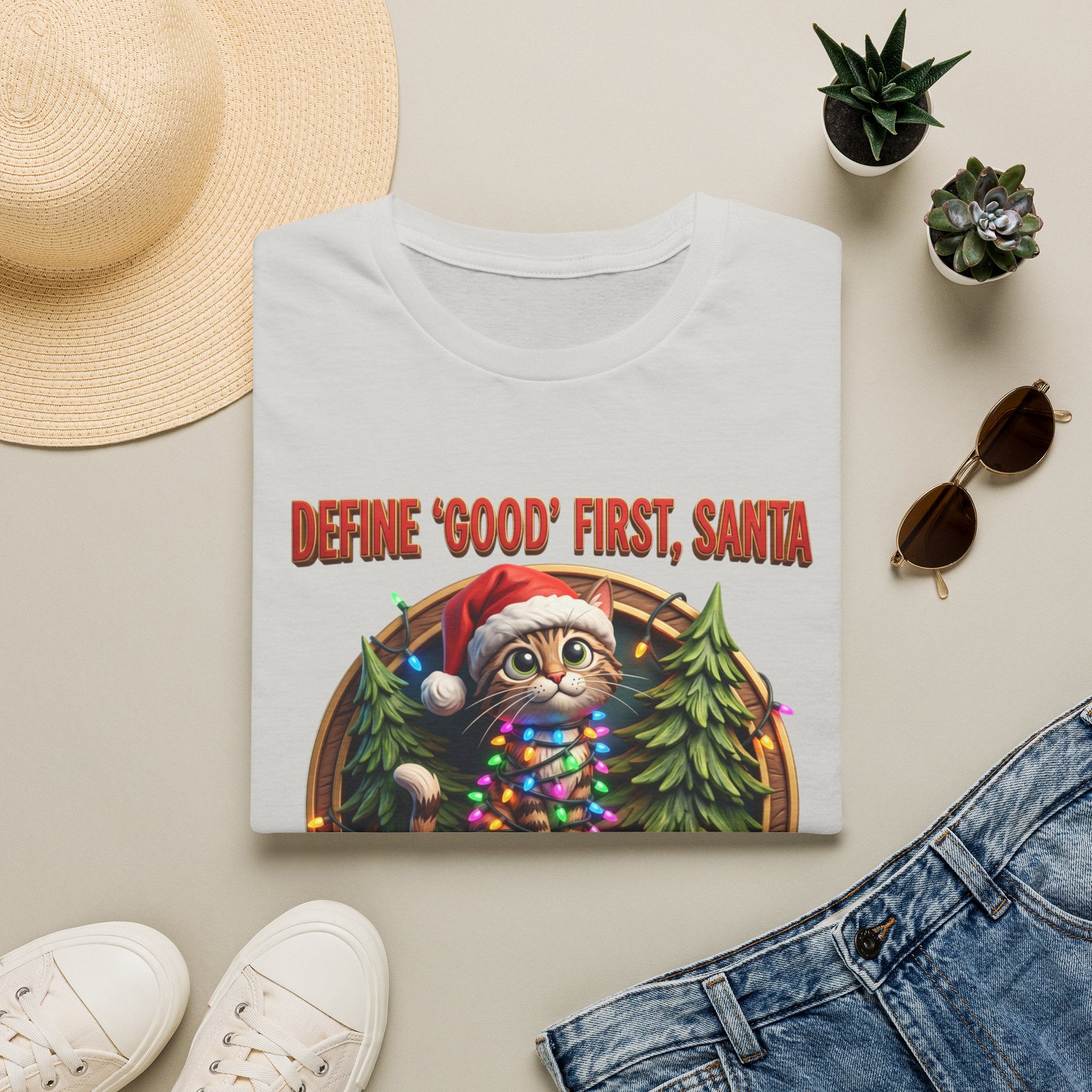 Define Good First Santa Funny Christmas Cat print on an Ice Grey t-shirt, folded beside a straw hat and jeans