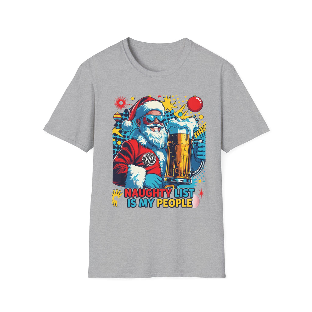 Naughty List Is My People Pop Art Santa Beer print on the front of a Sport Grey t-shirt, laid flat on white