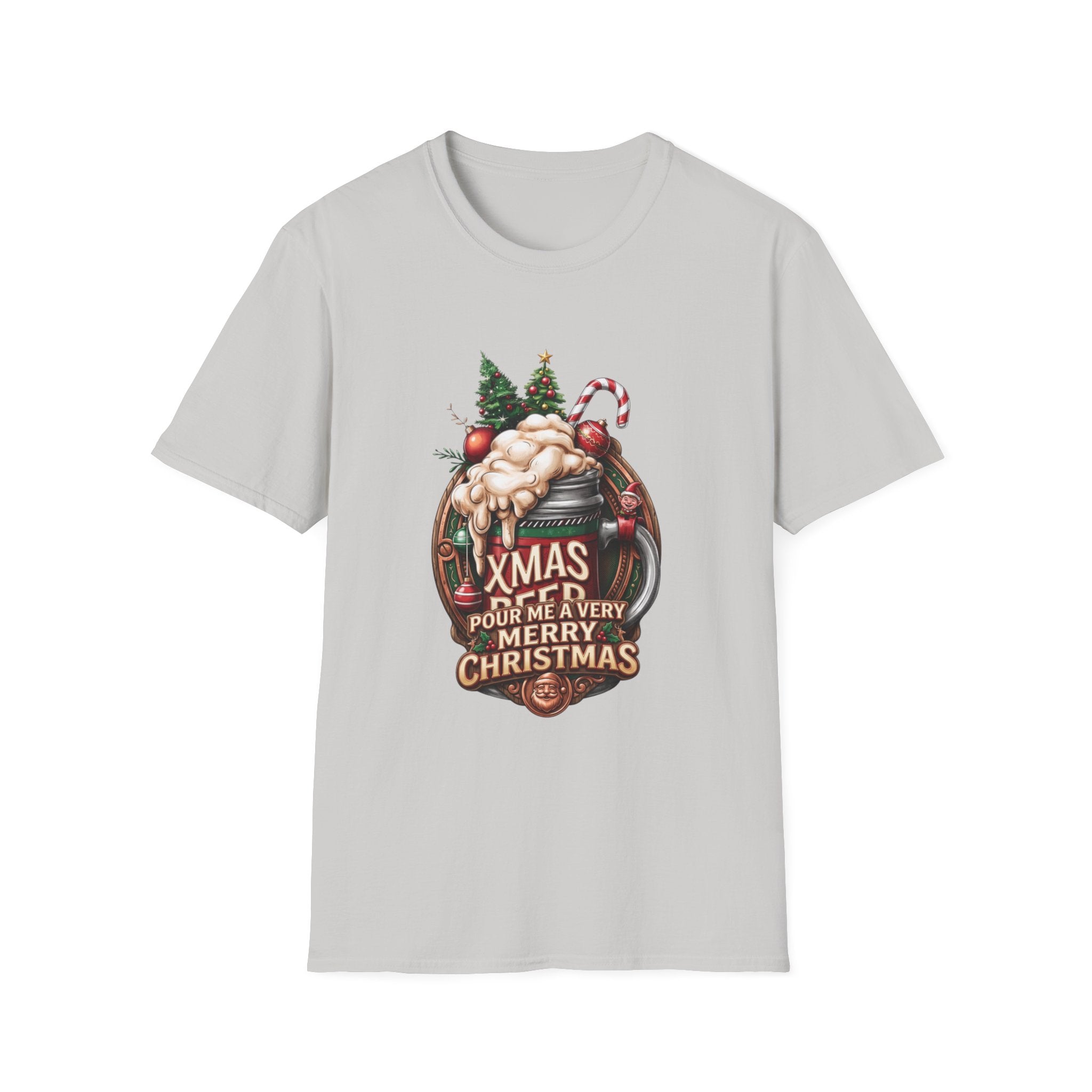 XMAS Beer Pour Me a Very Merry Christmas print on the front of an Ice Grey t-shirt, laid flat on white