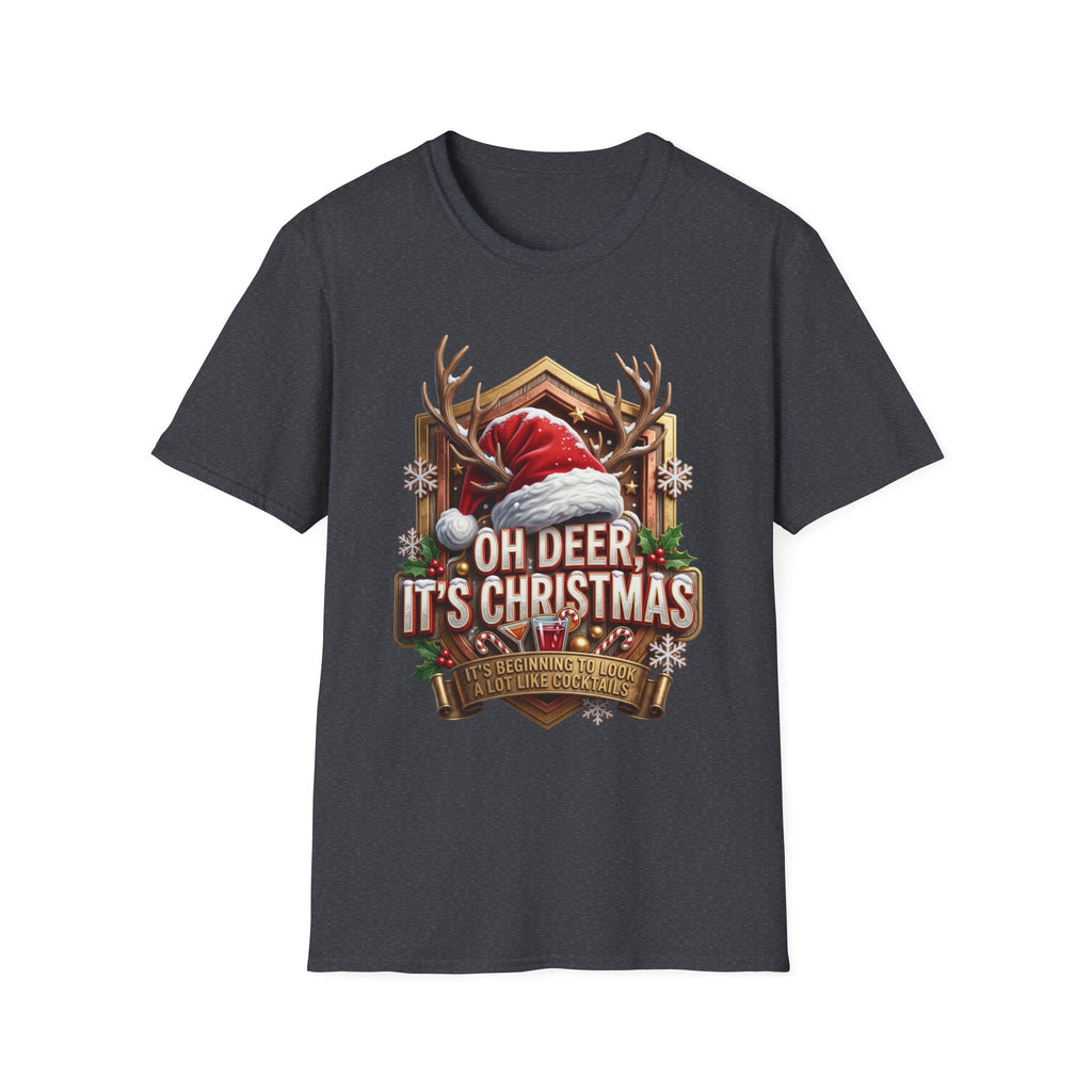 Oh Deer It's Christmas Looks a Lot Like Cocktails print on the front of a Dark Heather Grey t-shirt, laid flat on white