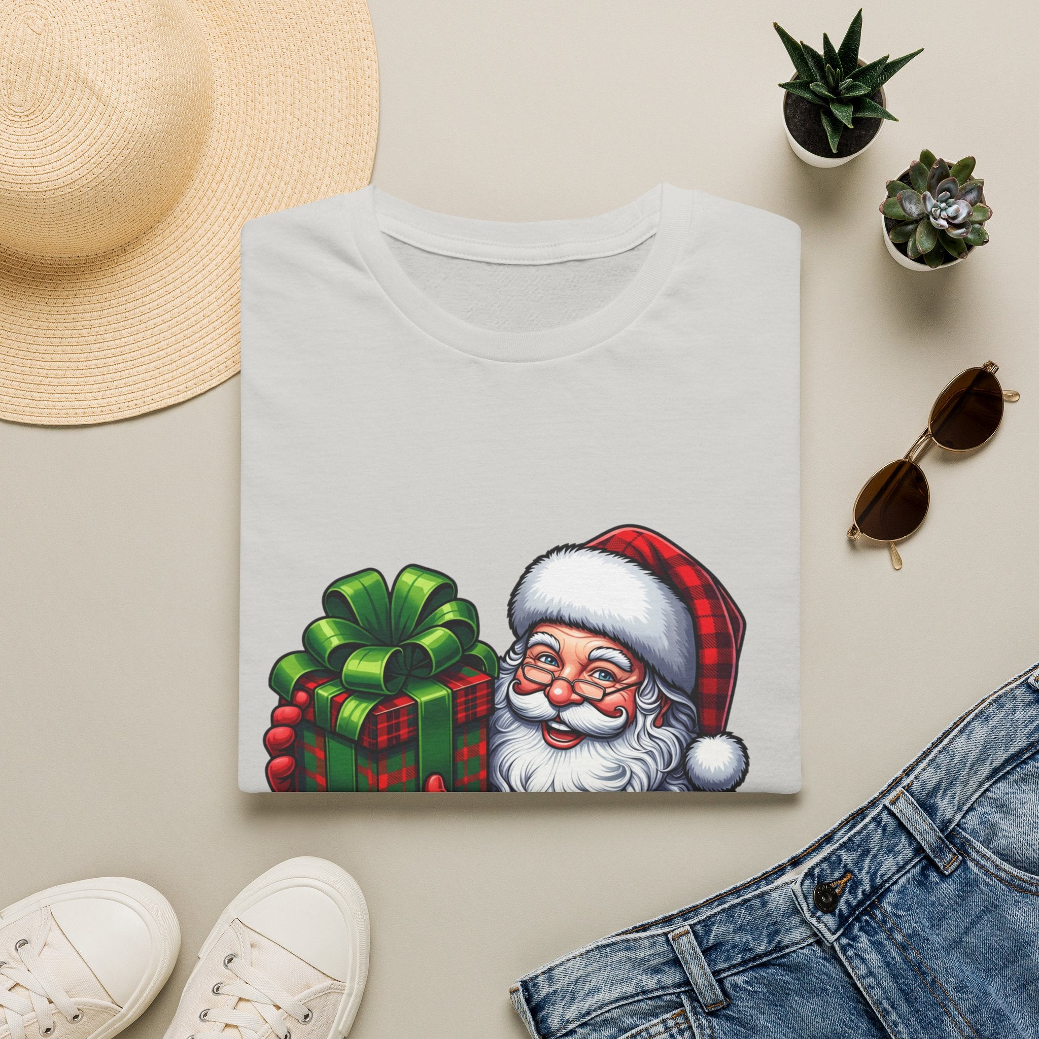 Santa Have a Plaid-astic print on an Ice Grey t-shirt, folded beside a straw hat and jeans