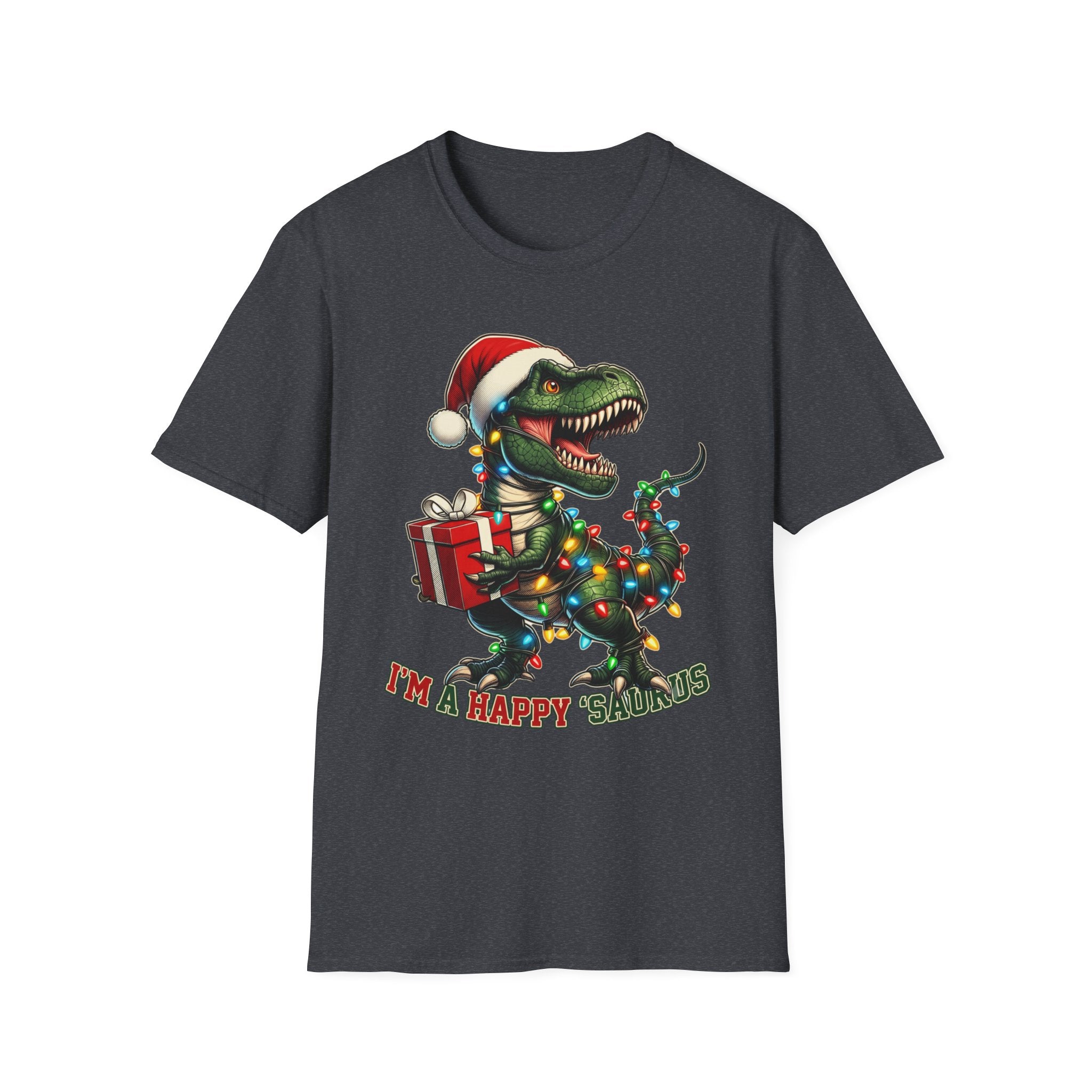 Happy Saurus T-Rex Santa Hat Christmas Lights print on the front of a Dark Heather Grey t-shirt, laid flat on white