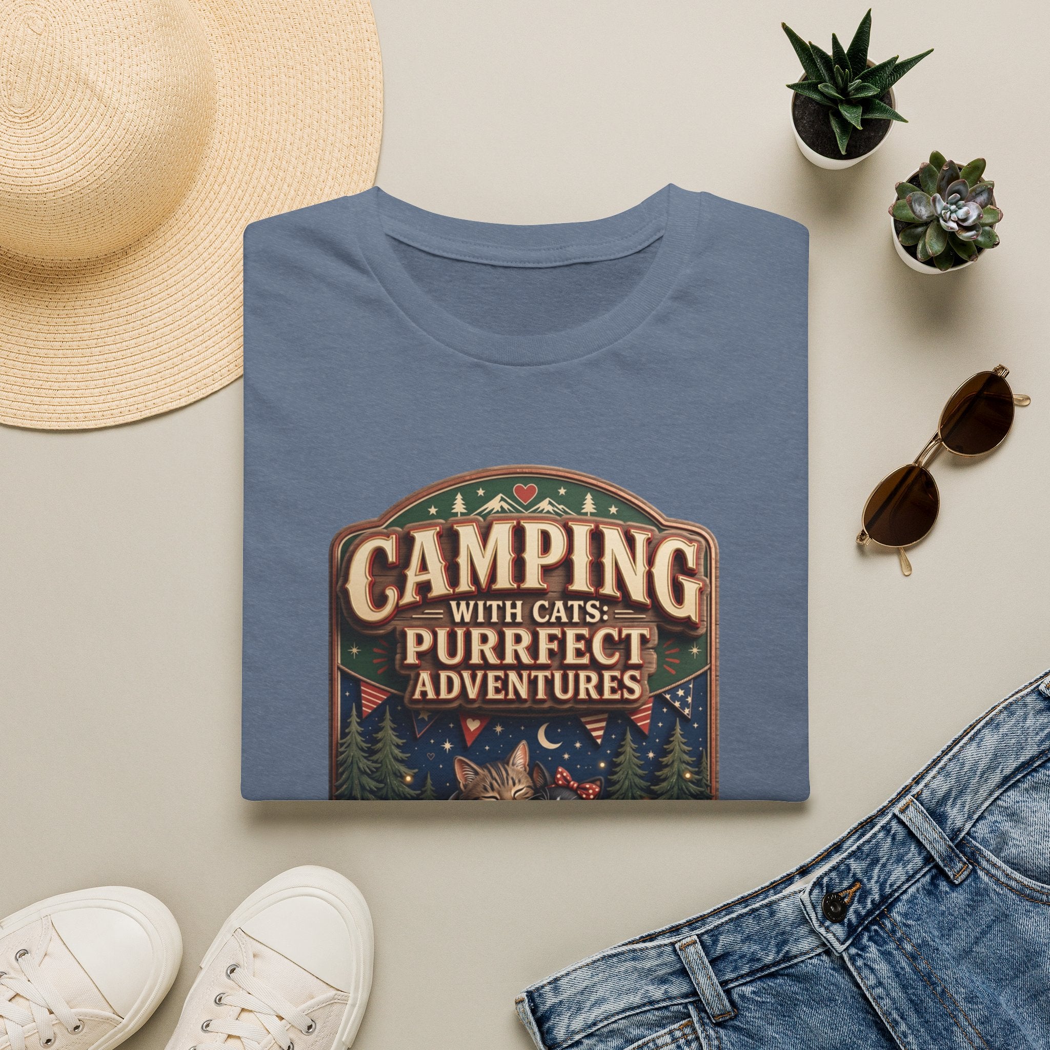Camping With Cats Purrfect Adventures print on a Heather Indigo t-shirt, folded beside a straw hat and jeans