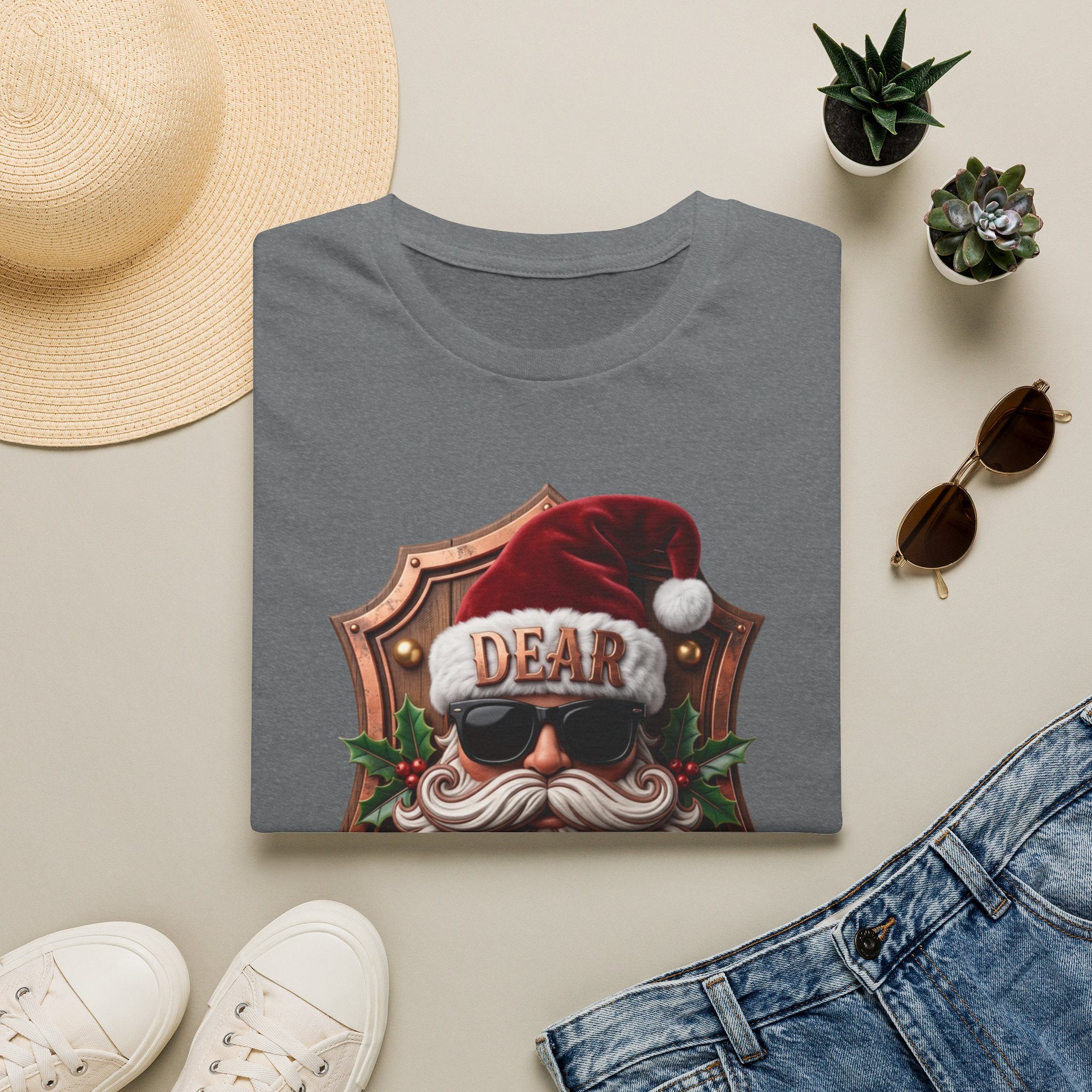 Dear Santa I Can Explain Sunglasses Crest print on a Graphite Heather t-shirt, folded beside a straw hat and jeans