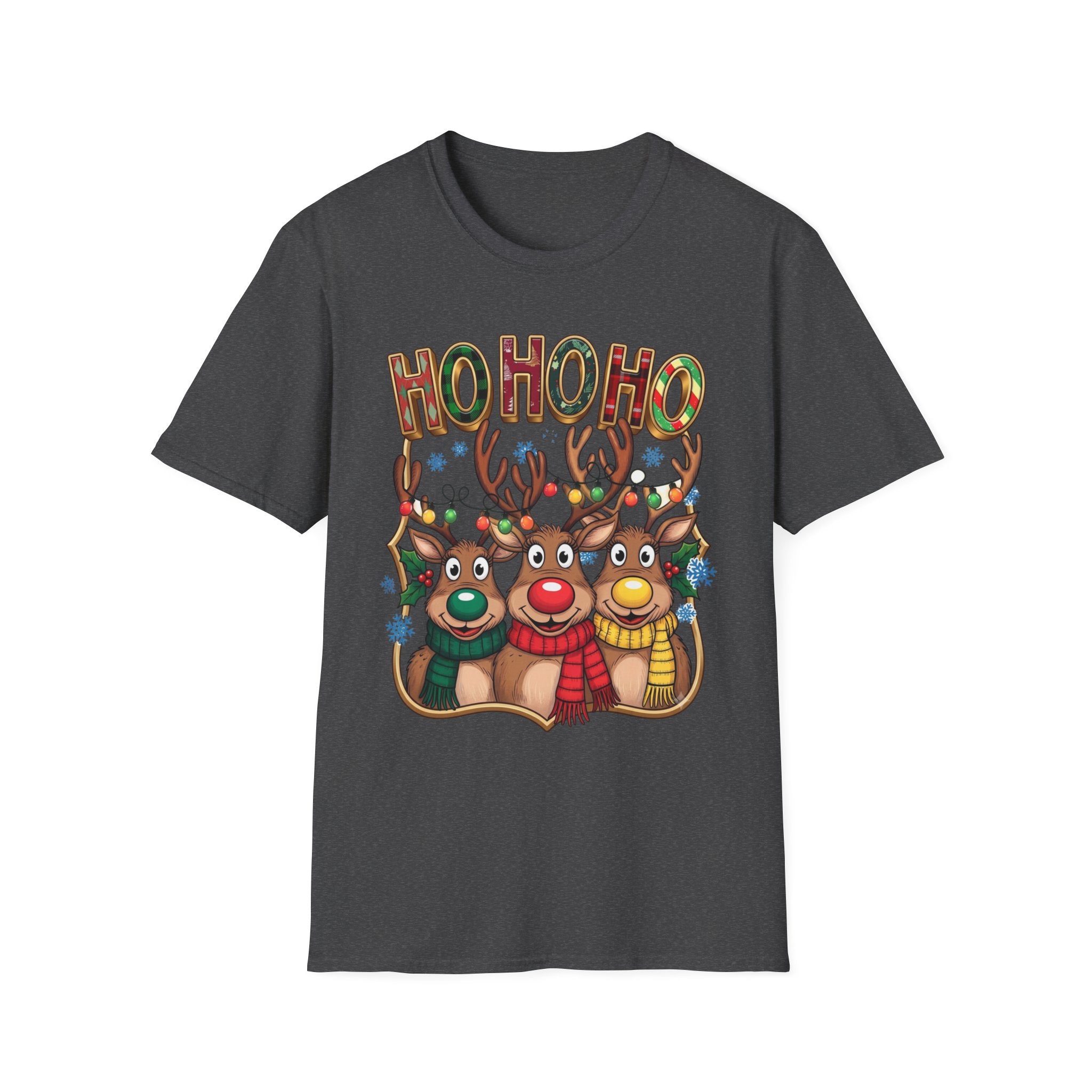 Reindeer Trio Ho Ho Ho Christmas Lights print on the front of a Dark Heather t-shirt, laid flat on white