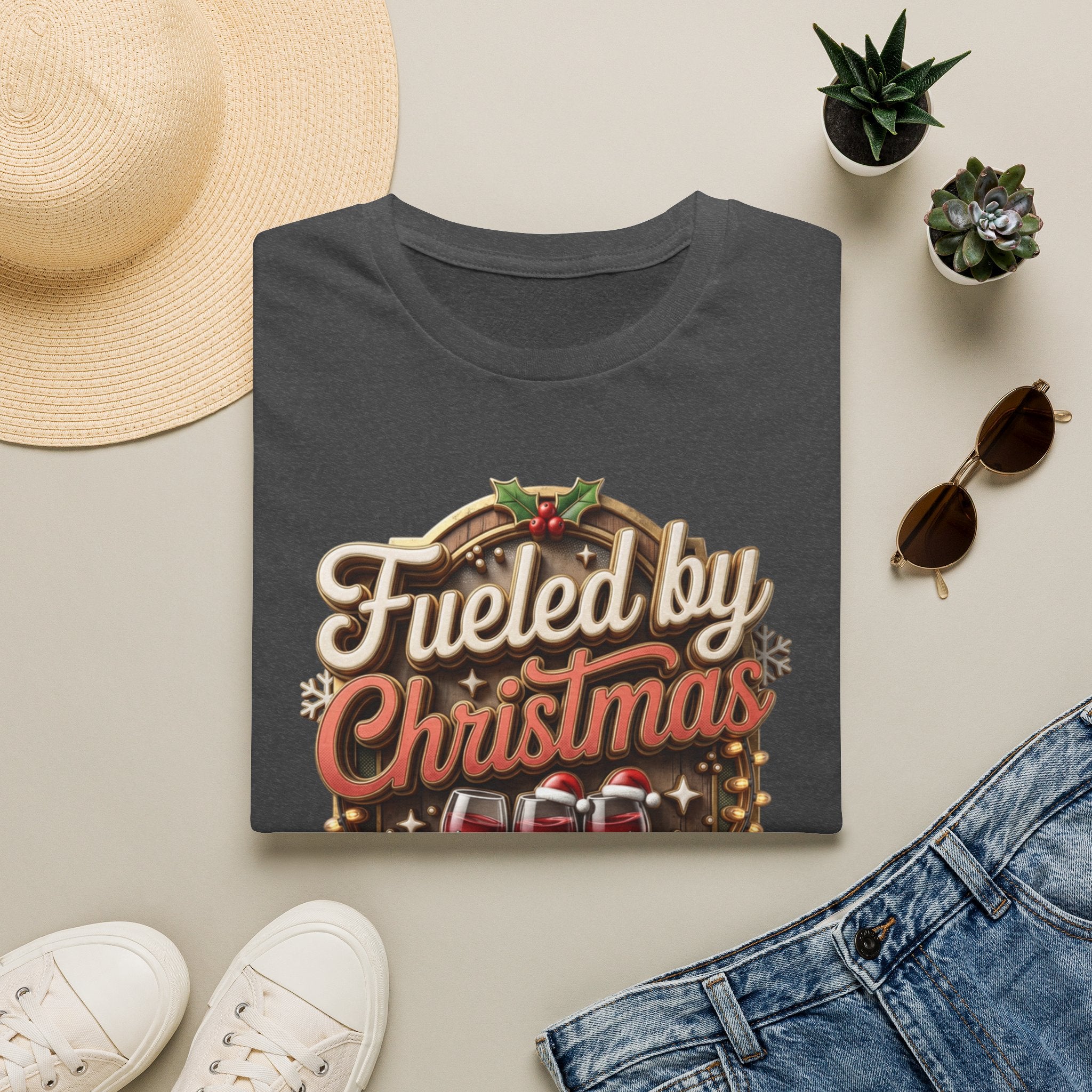 Fueled by Christmas Spirits Wine print on a Dark Heather t-shirt, folded beside a straw hat and jeans