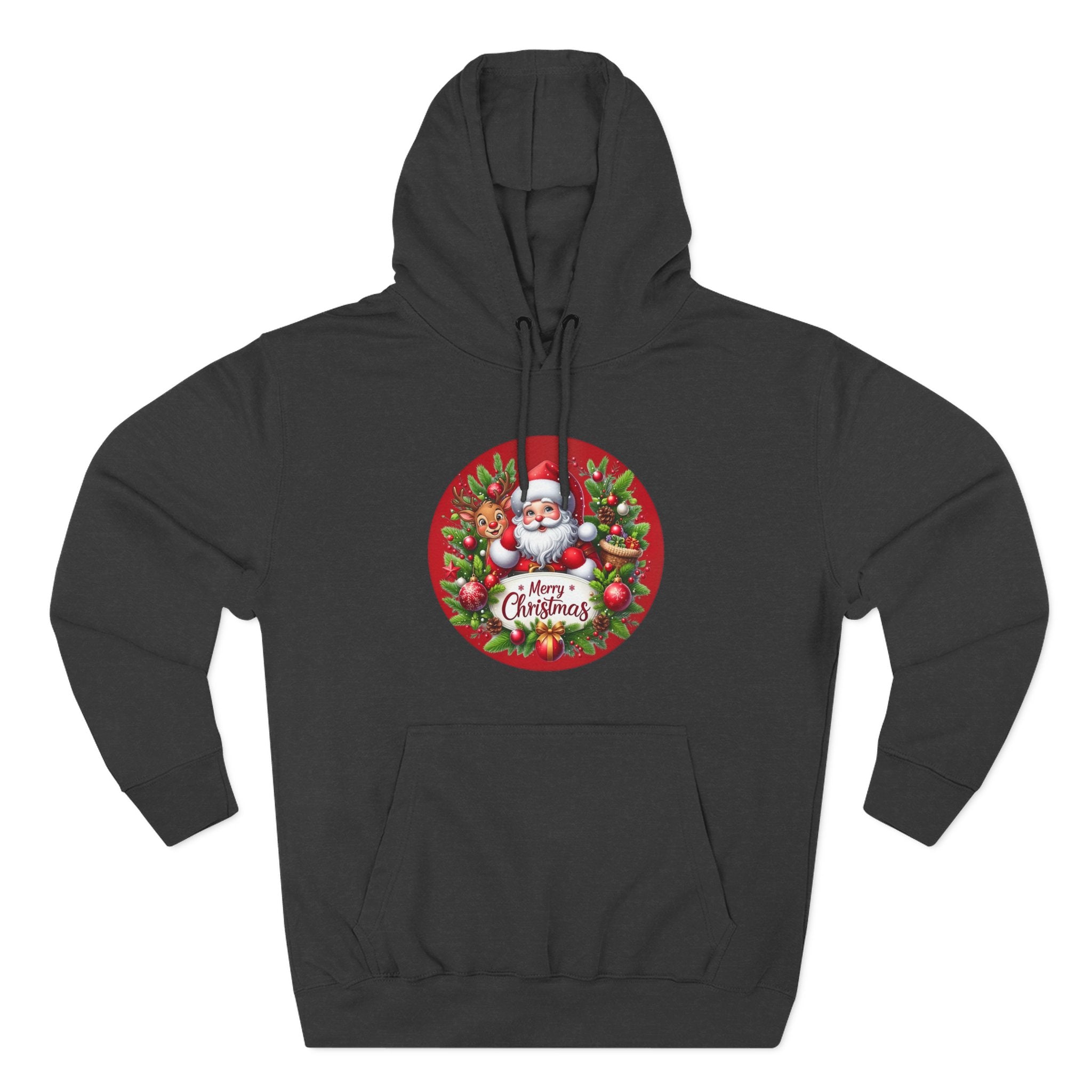 Santa & Reindeer Merry Christmas Wreath Hoodie, shown in Charcoal Heather