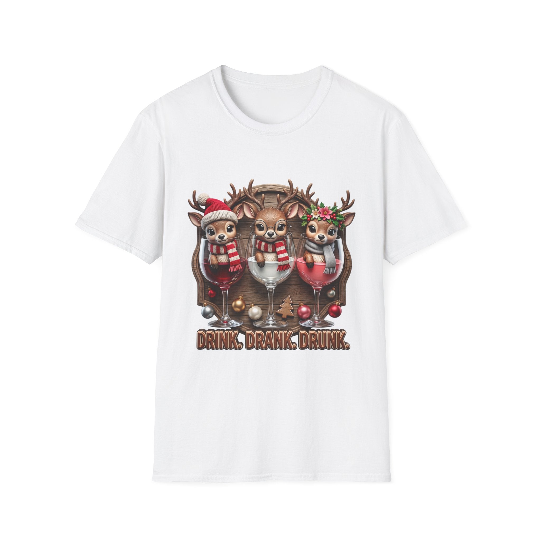 Drink Drank Drunk Reindeer Wine Trio print on the front of a White t-shirt, laid flat on white