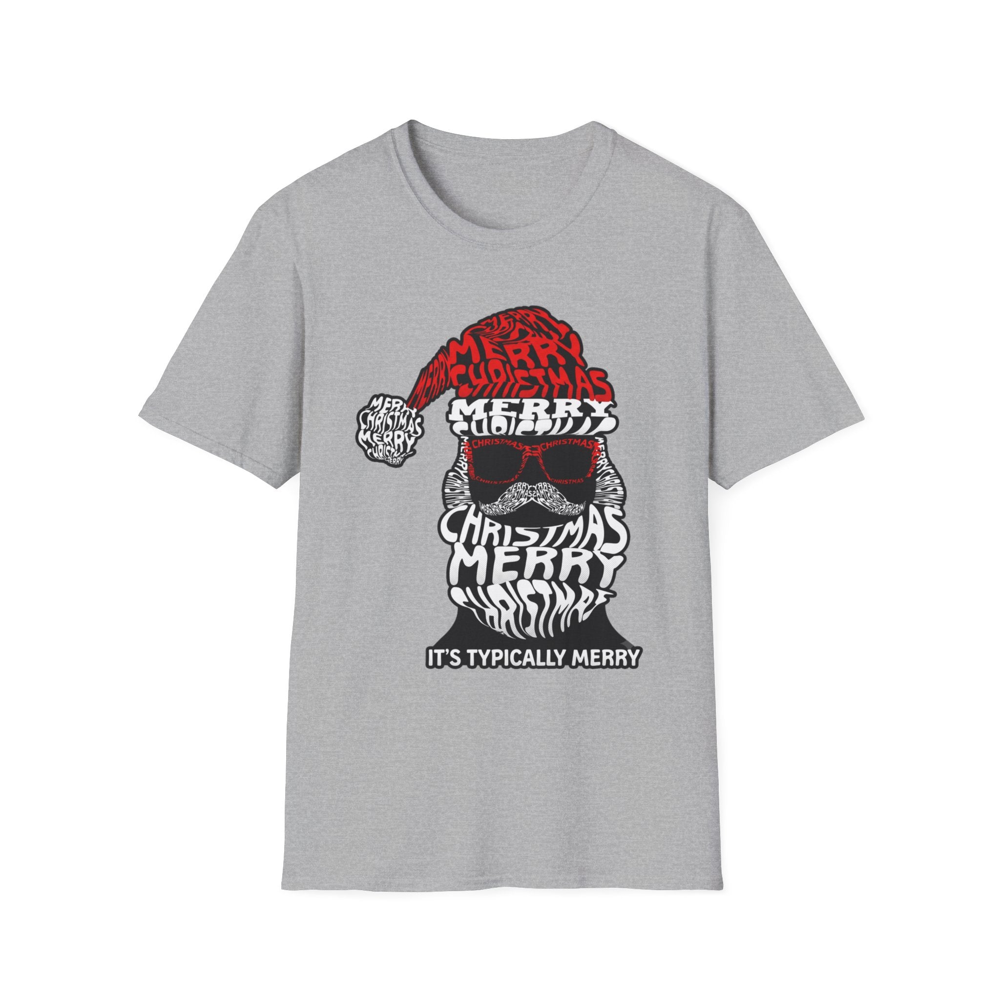Cool Santa Sunglasses Typography Merry print on the front of a Sport Grey t-shirt, laid flat on white