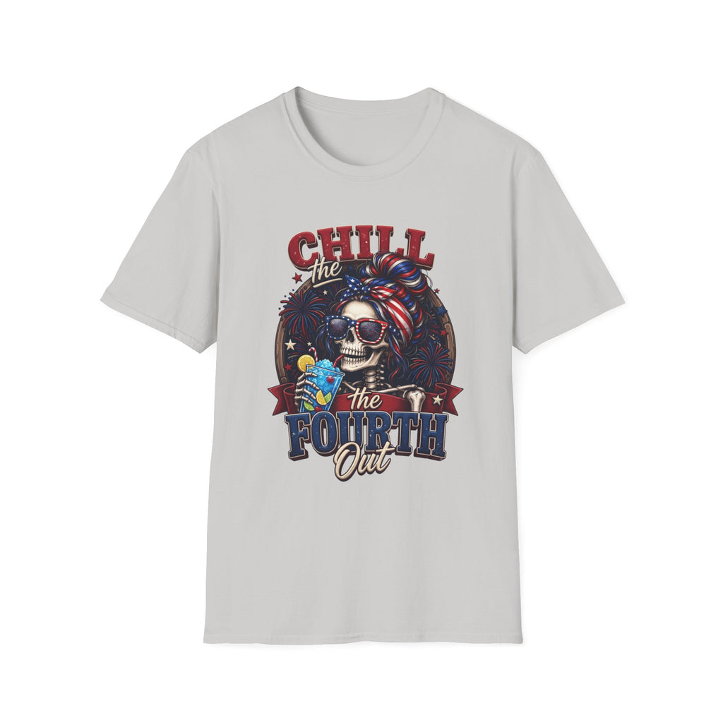 Chill the Fourth Out Patriotic Skeleton 4th of July print on the front of an Ice Grey t-shirt, laid flat on white