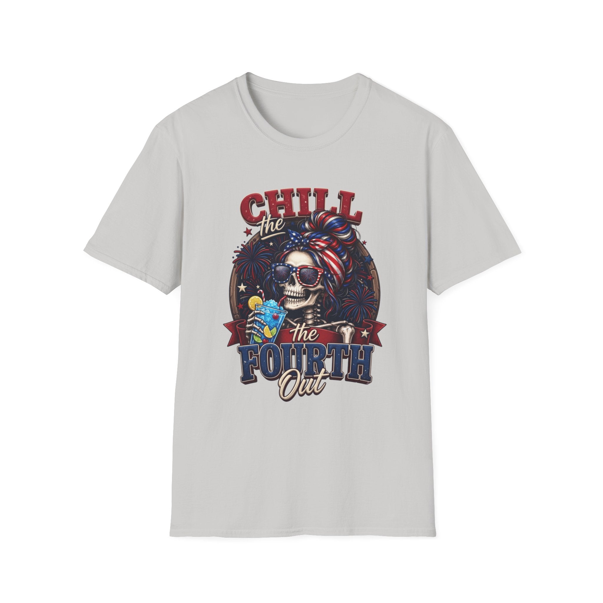 Chill the Fourth Out Patriotic Skeleton 4th of July print on the front of an Ice Grey t-shirt, laid flat on white