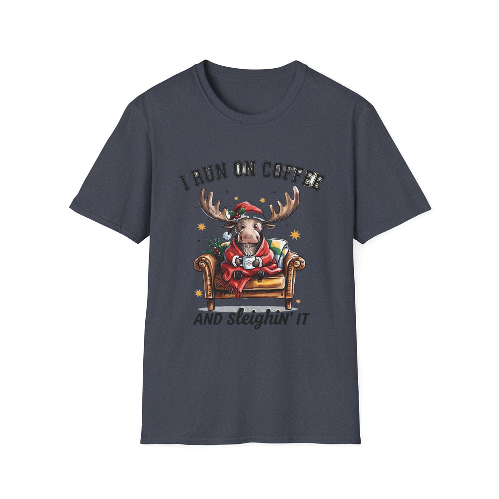 Moose I Run On Coffee and Sleighin' It print on the front of a Heather Navy t-shirt, laid flat on white