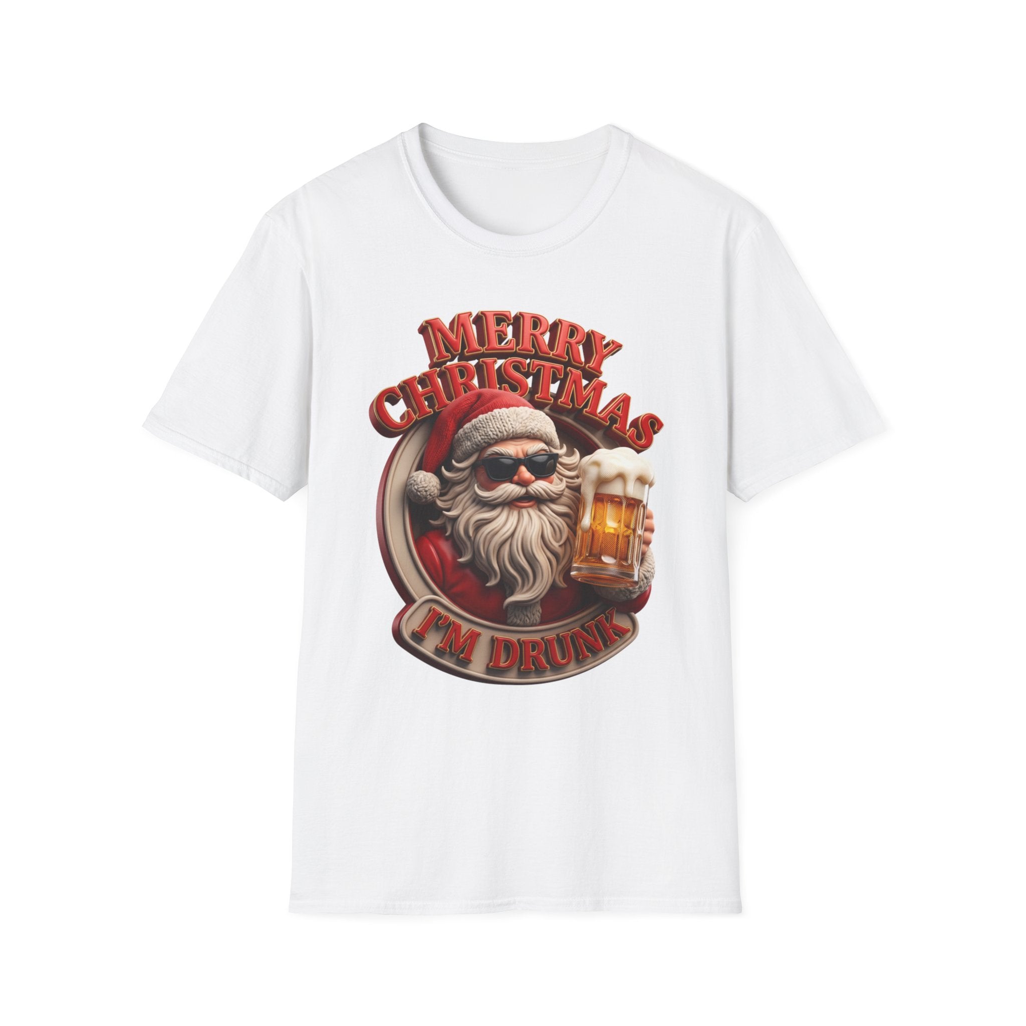 Merry Christmas I'm Drunk Santa print on the front of a White t-shirt, laid flat on white