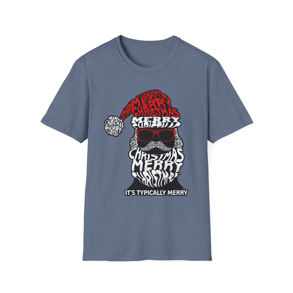 Cool Santa Sunglasses Typography Merry print on the front of a Heather Indigo t-shirt, laid flat on white
