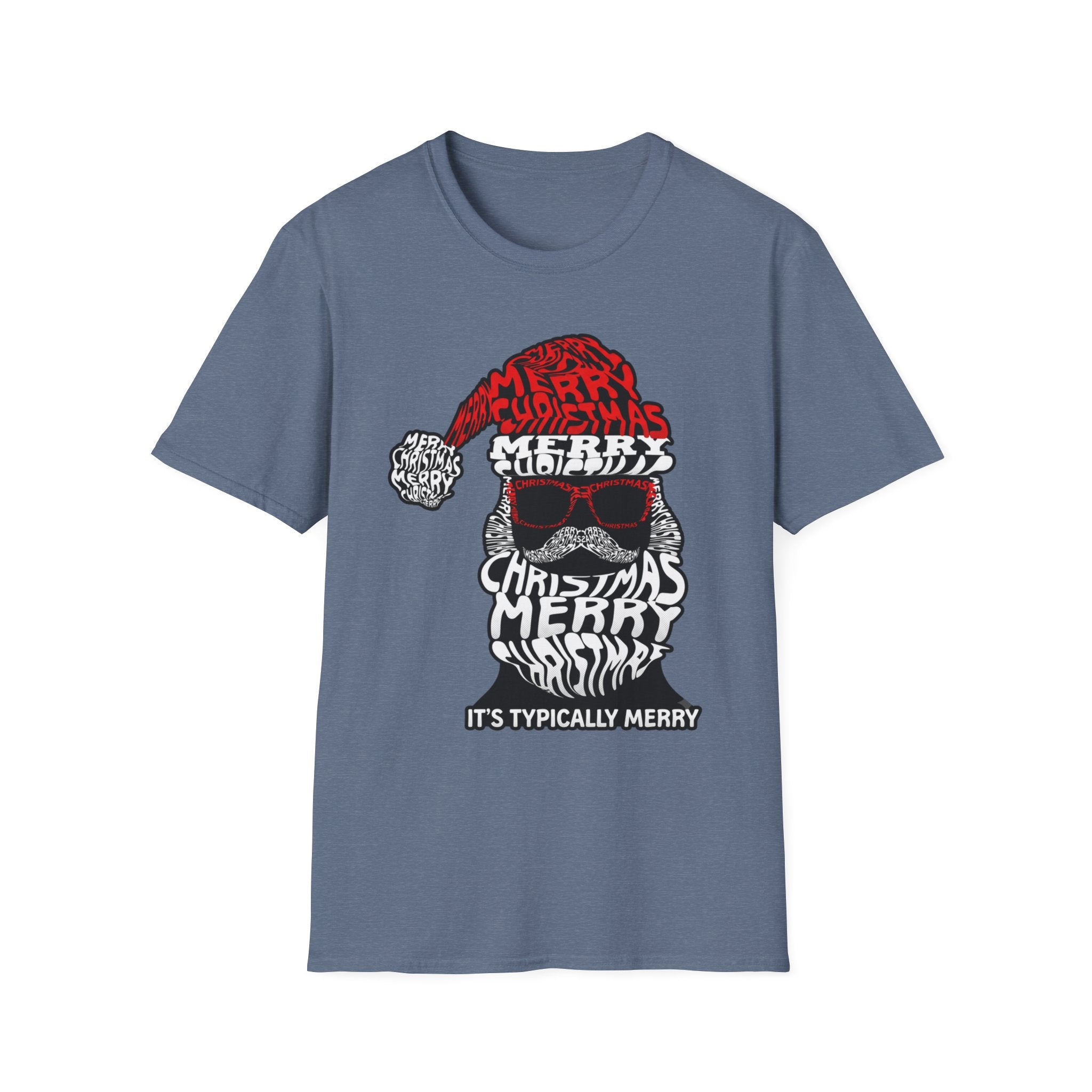Cool Santa Sunglasses Typography Merry print on the front of a Heather Indigo t-shirt, laid flat on white