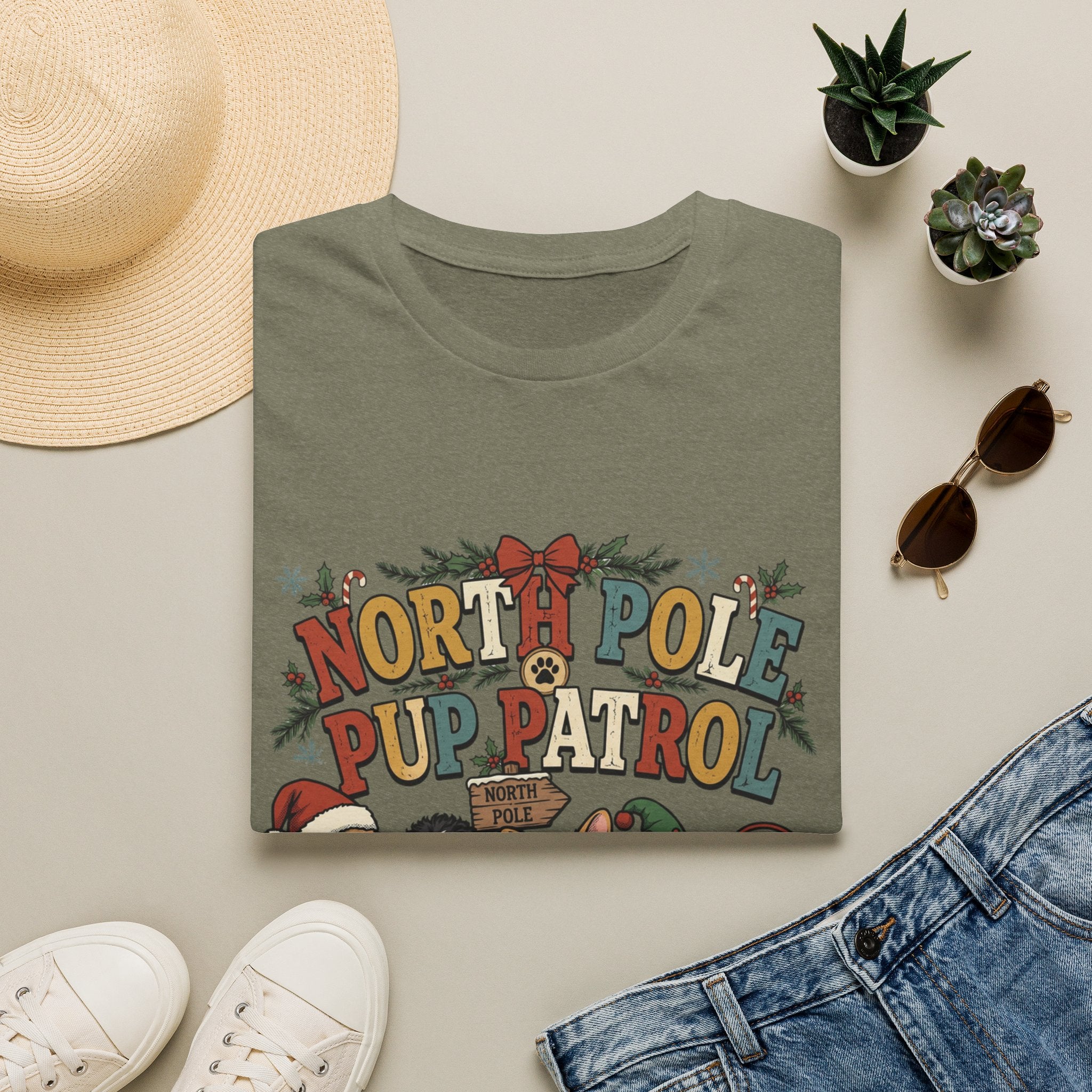 North Pole Pup Patrol Christmas Dogs print on a Heather Military Green t-shirt, folded beside a straw hat and jeans