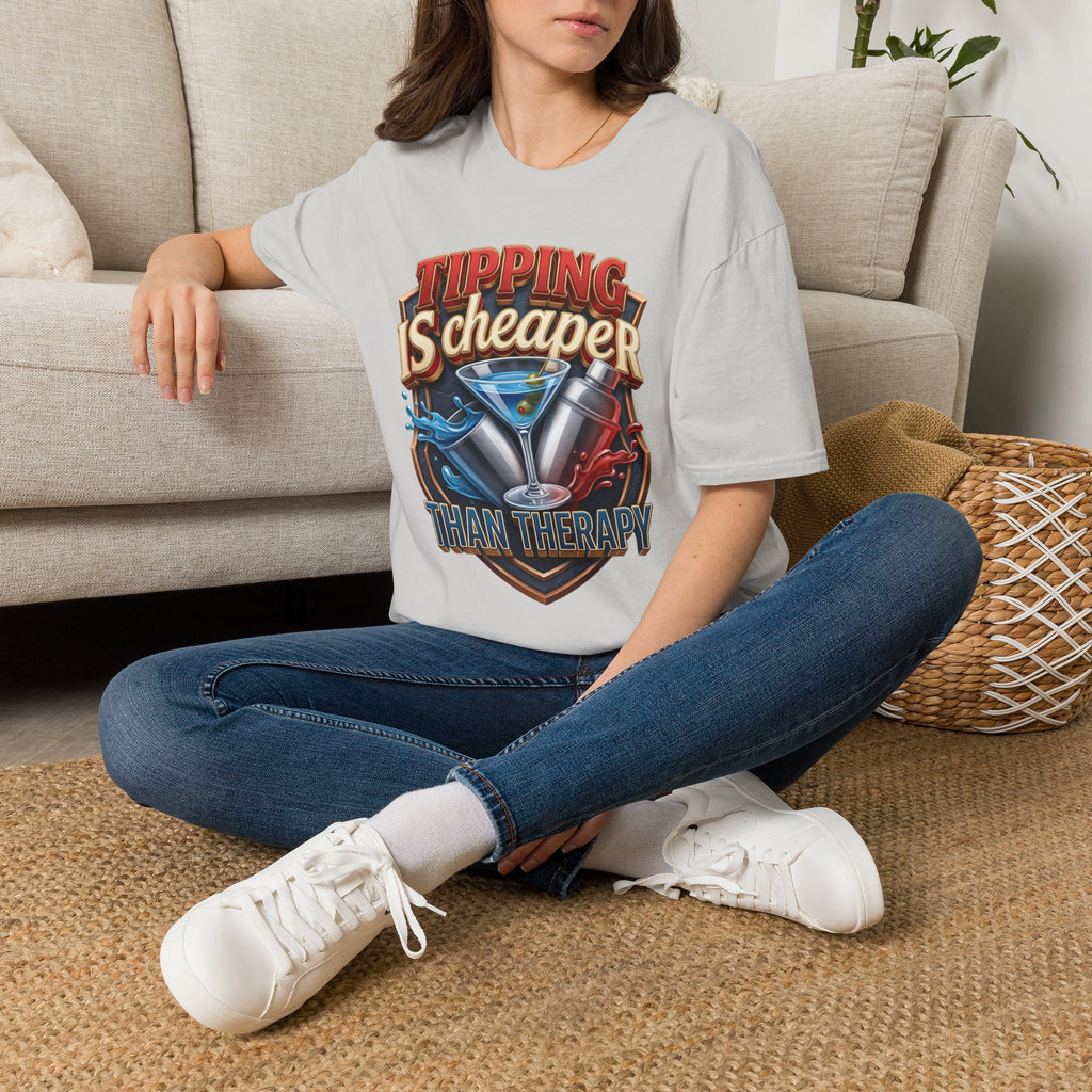 Tipping Is Cheaper Than Therapy Bartender t-shirt in Ice Grey, worn by a woman seated on a rug