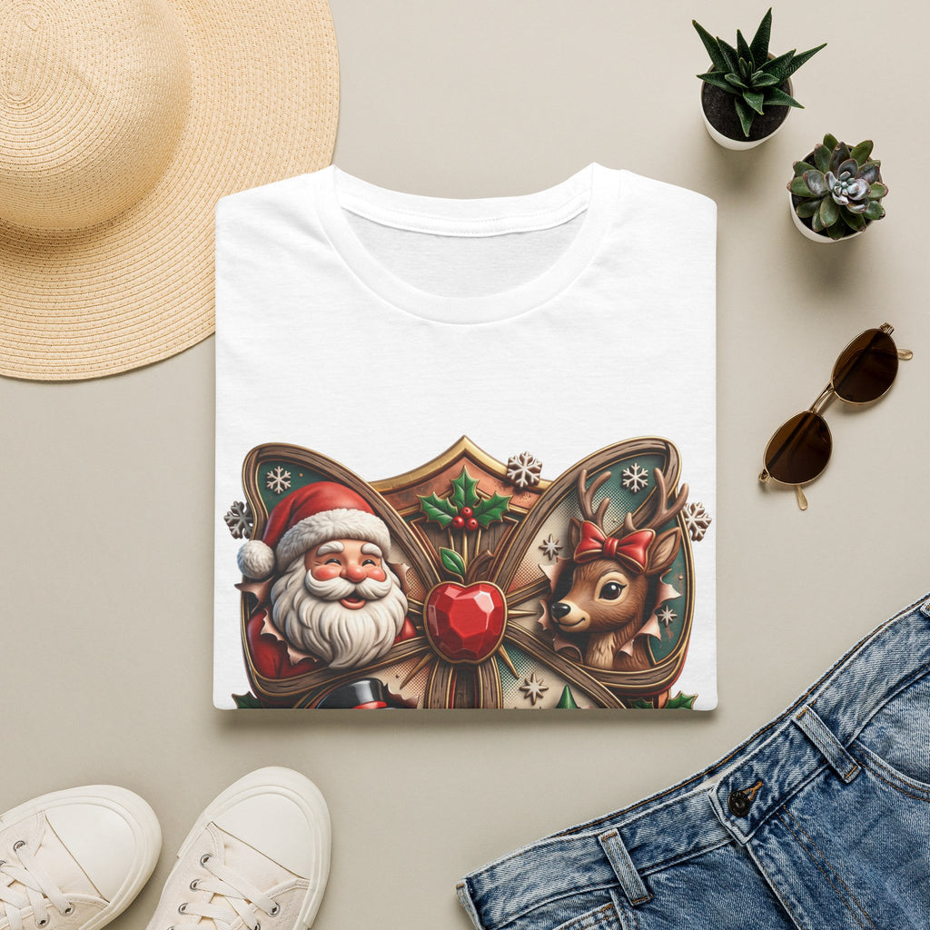 The Most Wonderful Time Wood Crest Santa print on a White t-shirt, folded beside a straw hat and jeans