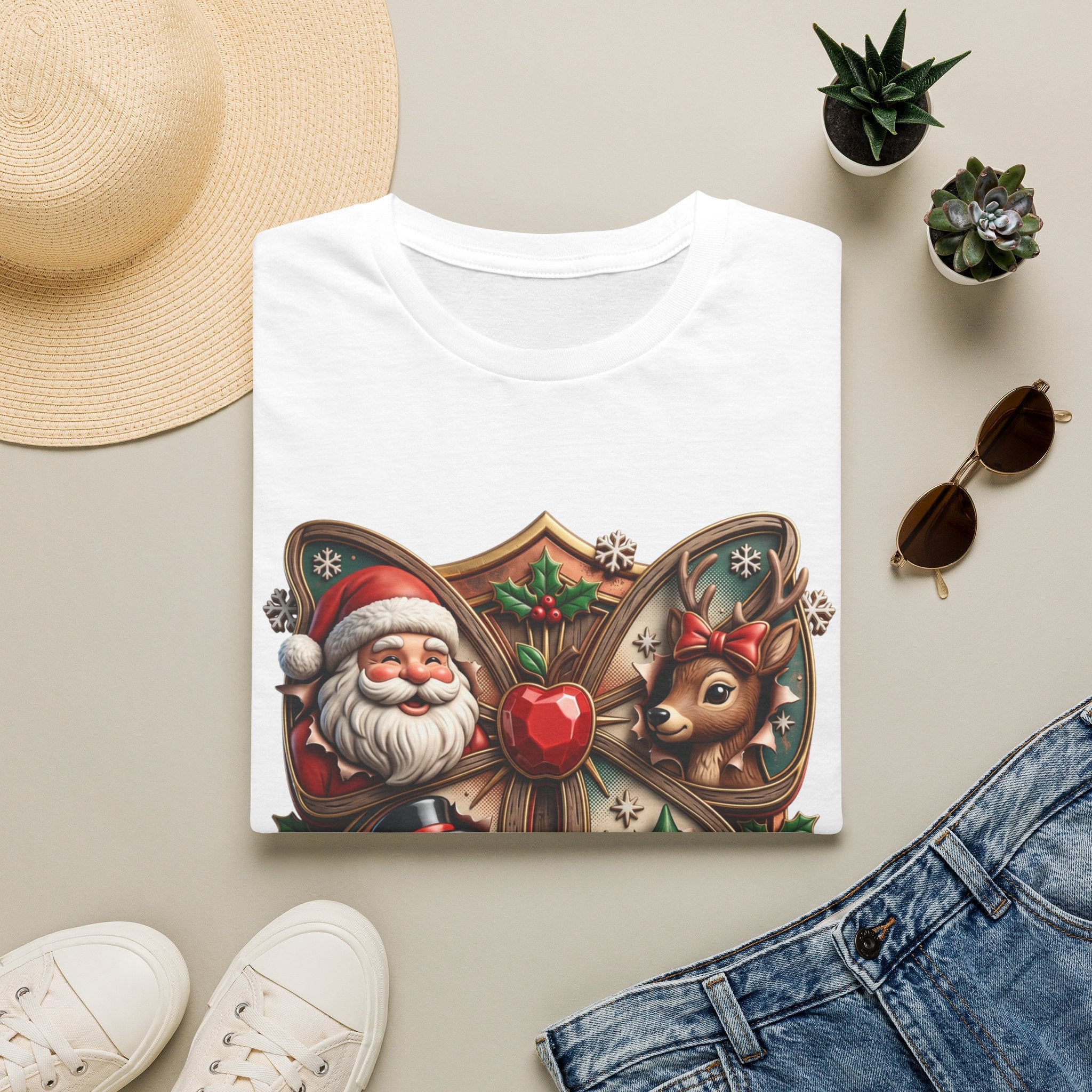 The Most Wonderful Time Wood Crest Santa print on a White t-shirt, folded beside a straw hat and jeans