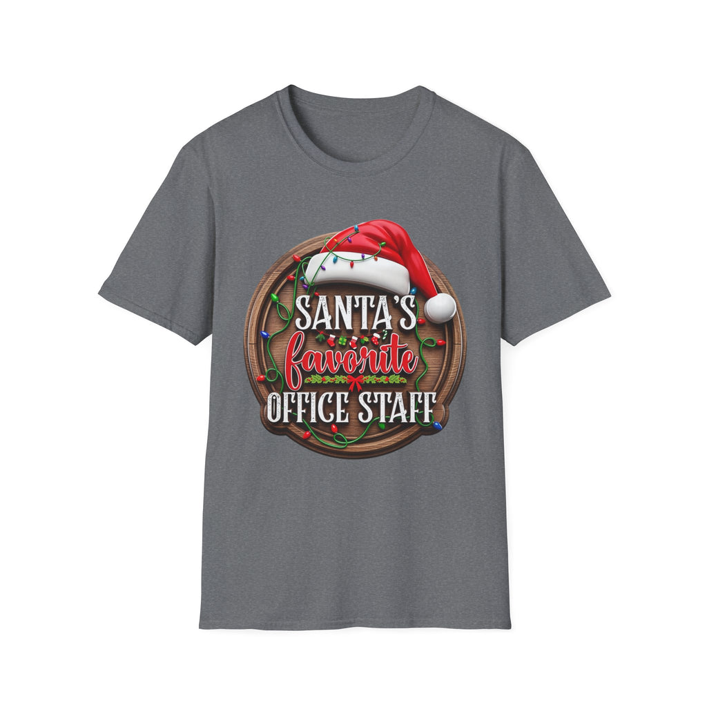 Santa's Favorite Office Staff print on the front of a Graphite Heather t-shirt, laid flat on white