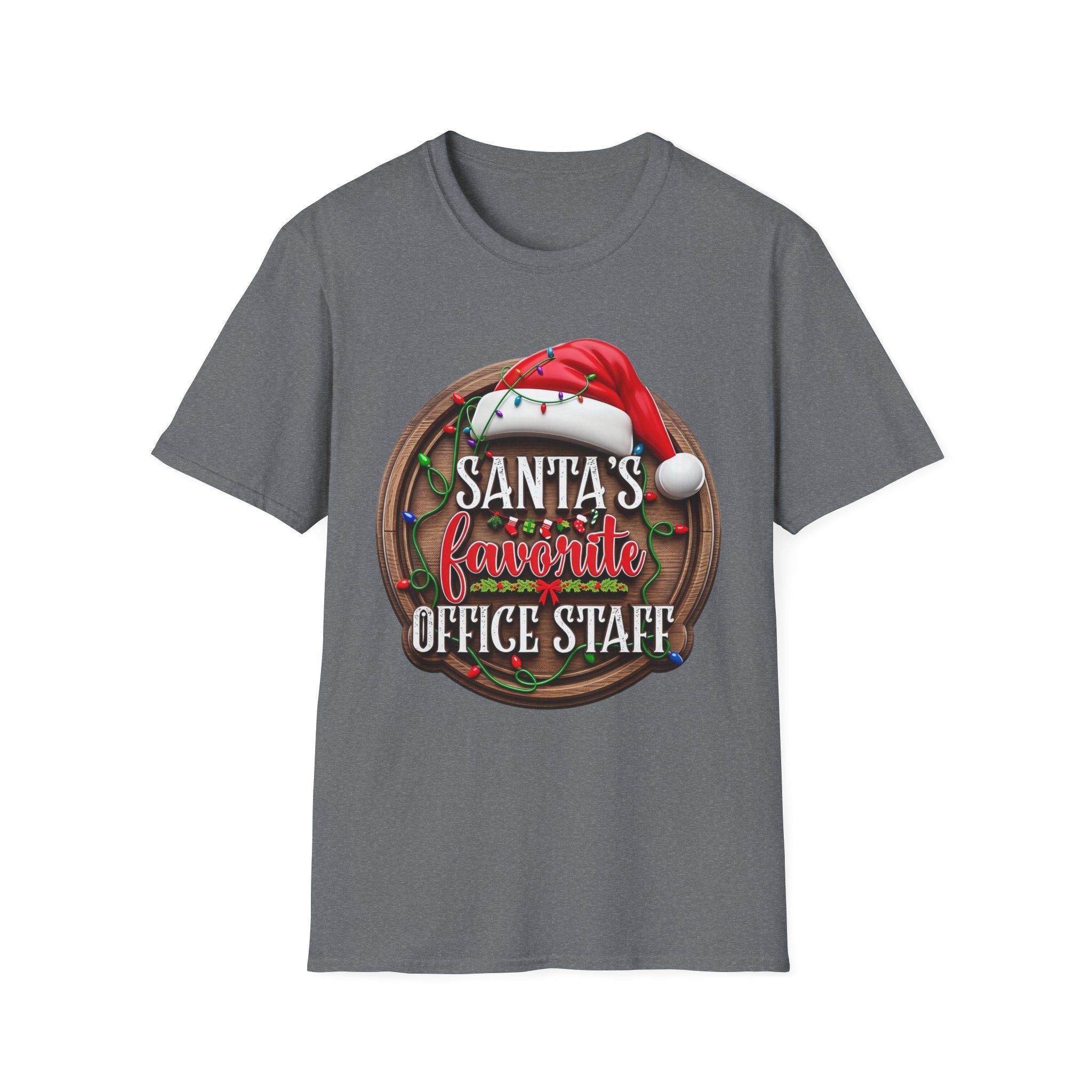 Santa's Favorite Office Staff print on the front of a Graphite Heather t-shirt, laid flat on white