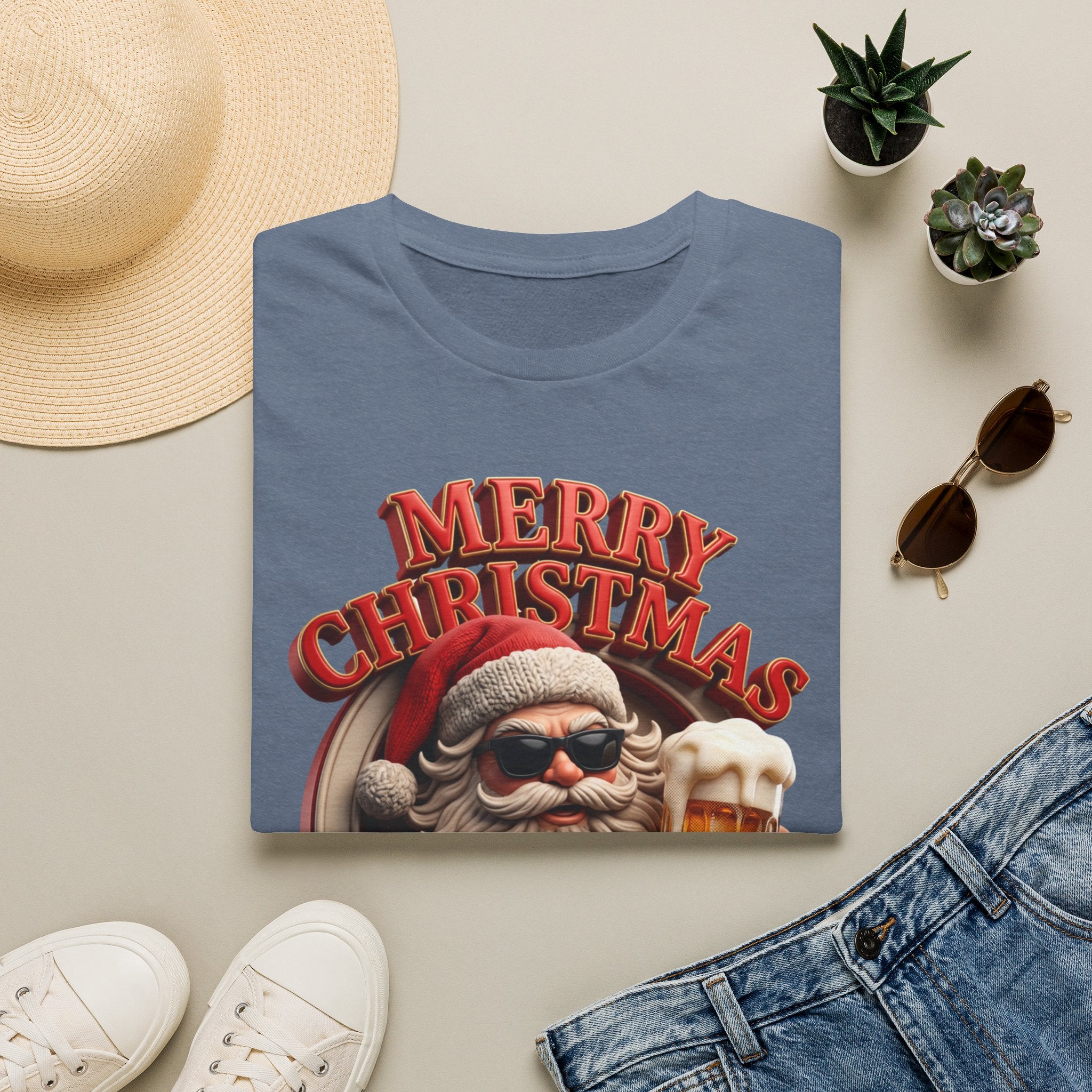 Merry Christmas I'm Drunk Santa print on a Heather Indigo t-shirt, folded beside a straw hat and jeans
