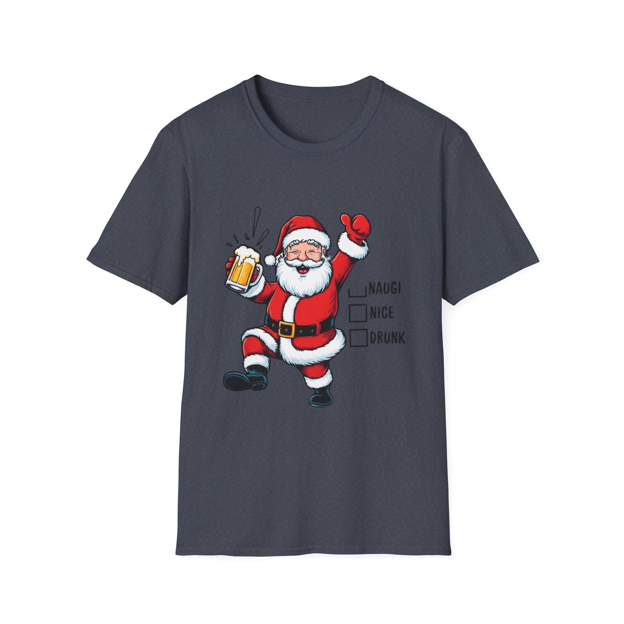 Naughty Nice Drunk Santa Beer Checklist print on the front of a Heather Navy t-shirt, laid flat on white