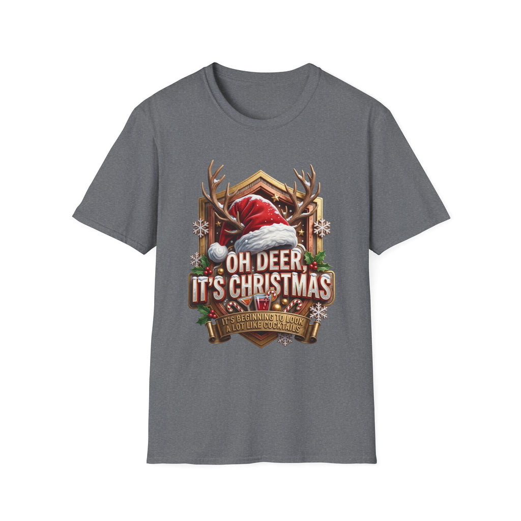 Oh Deer It's Christmas Looks a Lot Like Cocktails print on the front of a Graphite Heather t-shirt, laid flat on white
