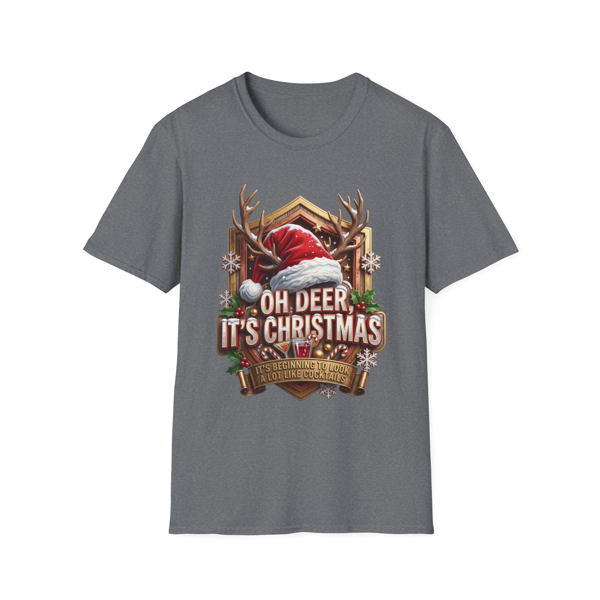 Oh Deer It's Christmas Looks a Lot Like Cocktails print on the front of a Graphite Heather t-shirt, laid flat on white