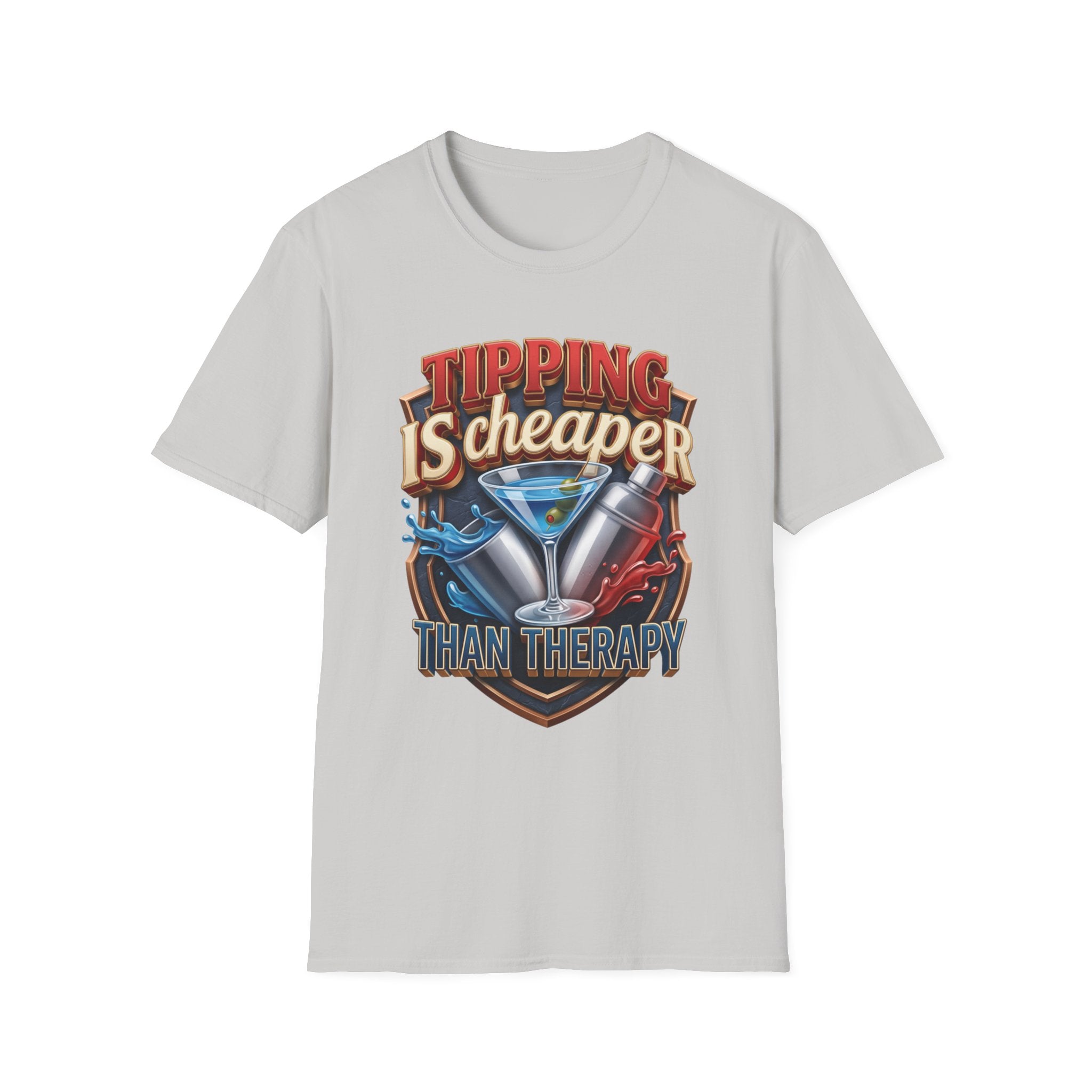 Tipping Is Cheaper Than Therapy Bartender print on the front of an Ice Grey t-shirt, laid flat on white