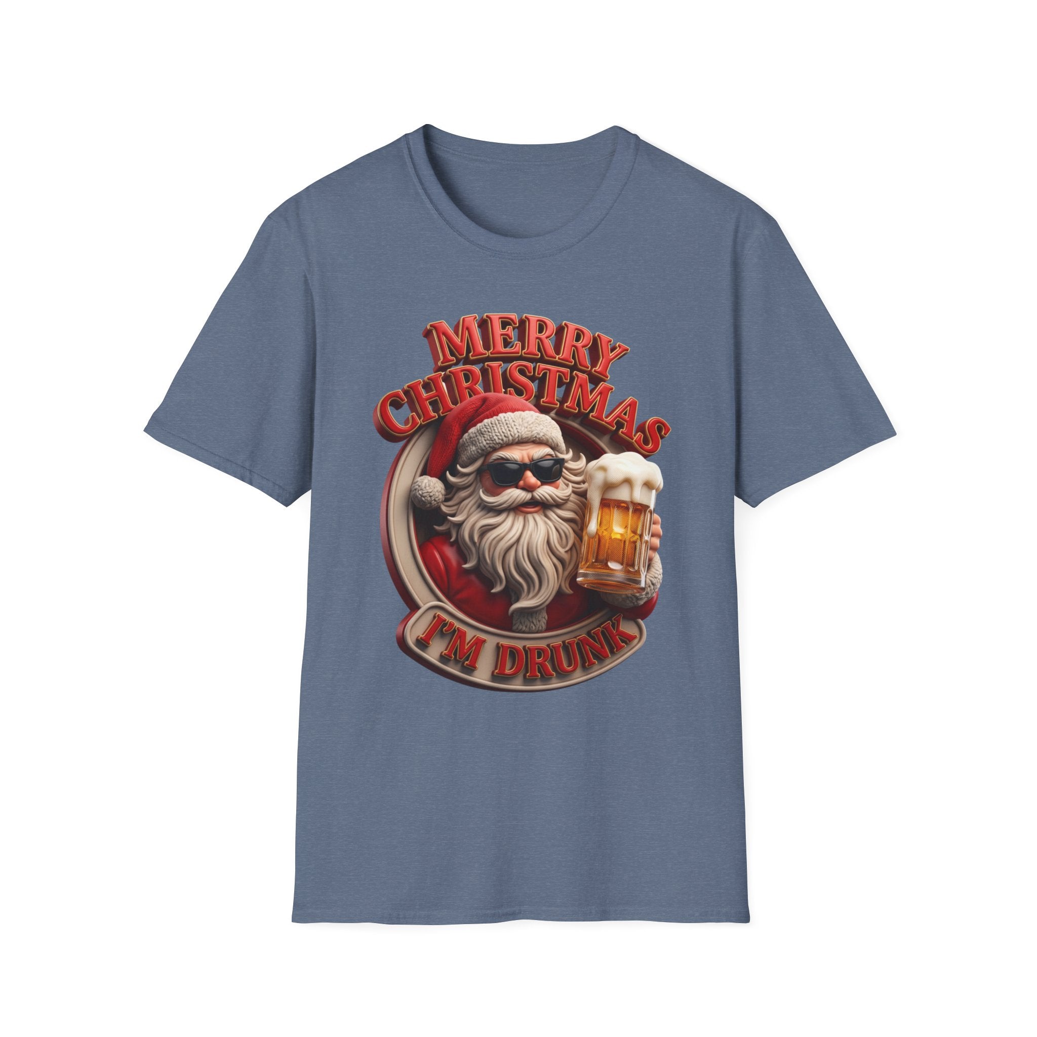 Merry Christmas I'm Drunk Santa print on the front of a Heather Indigo t-shirt, laid flat on white