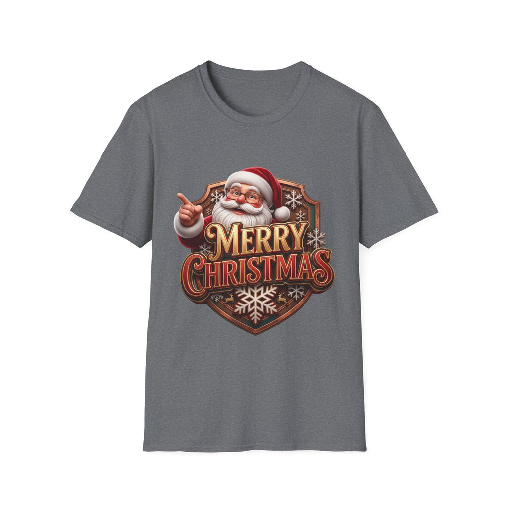 Vintage Santa Merry Christmas Badge print on the front of a Graphite Heather t-shirt, laid flat on white