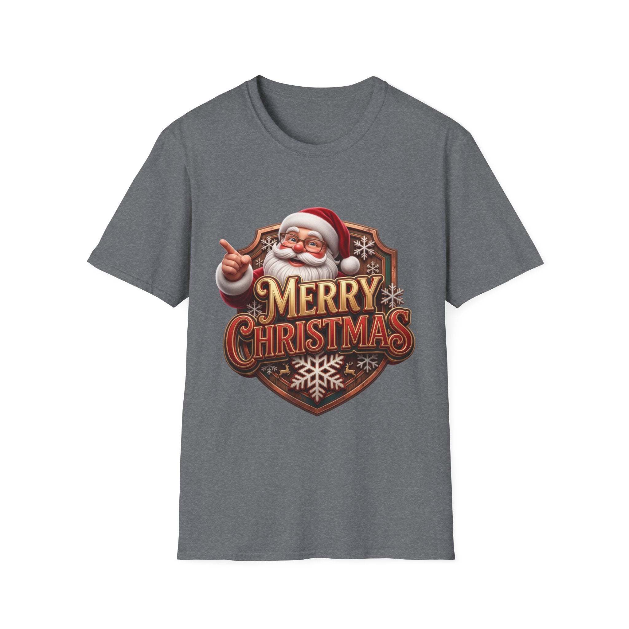 Vintage Santa Merry Christmas Badge print on the front of a Graphite Heather t-shirt, laid flat on white