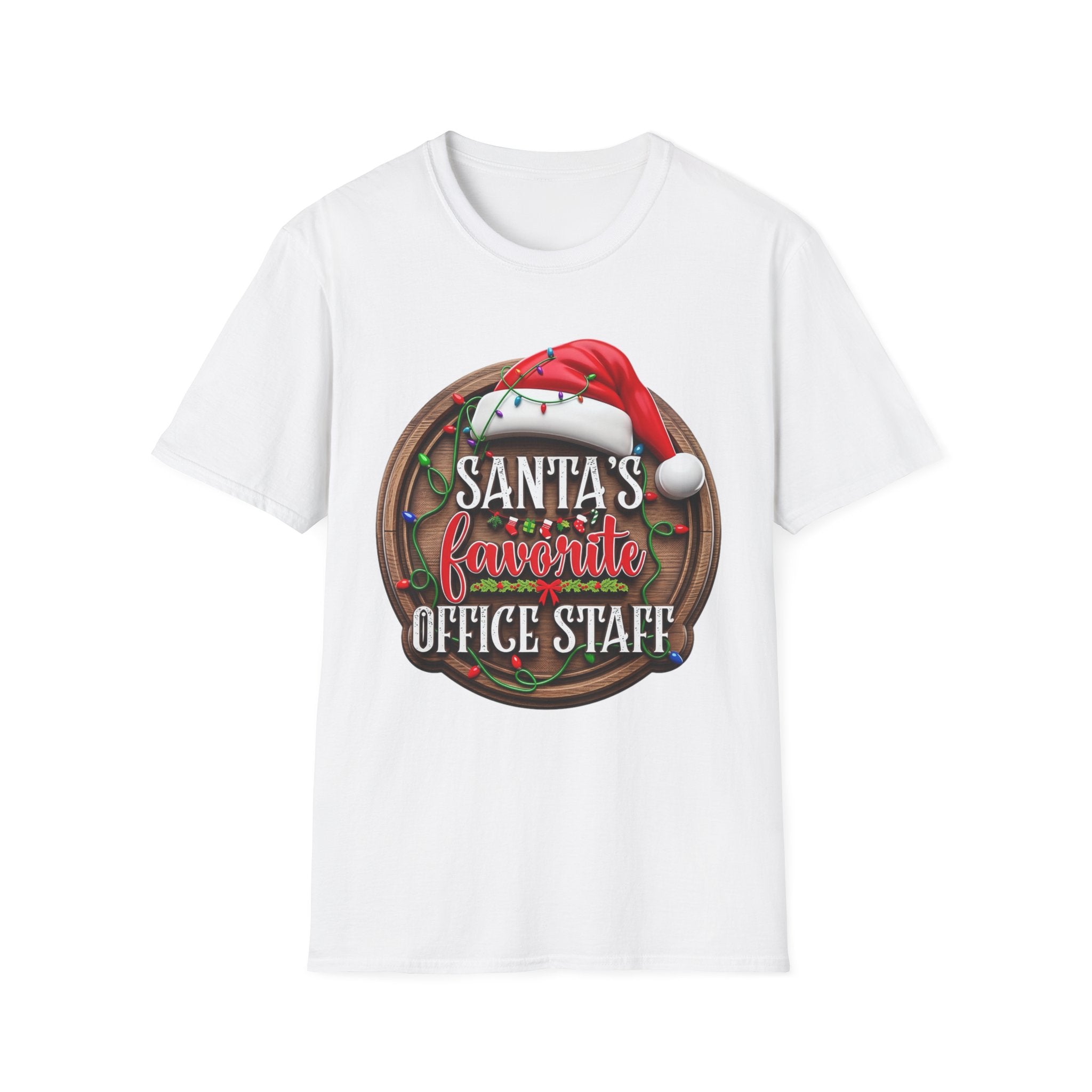 Santa's Favorite Office Staff print on the front of a White t-shirt, laid flat on white