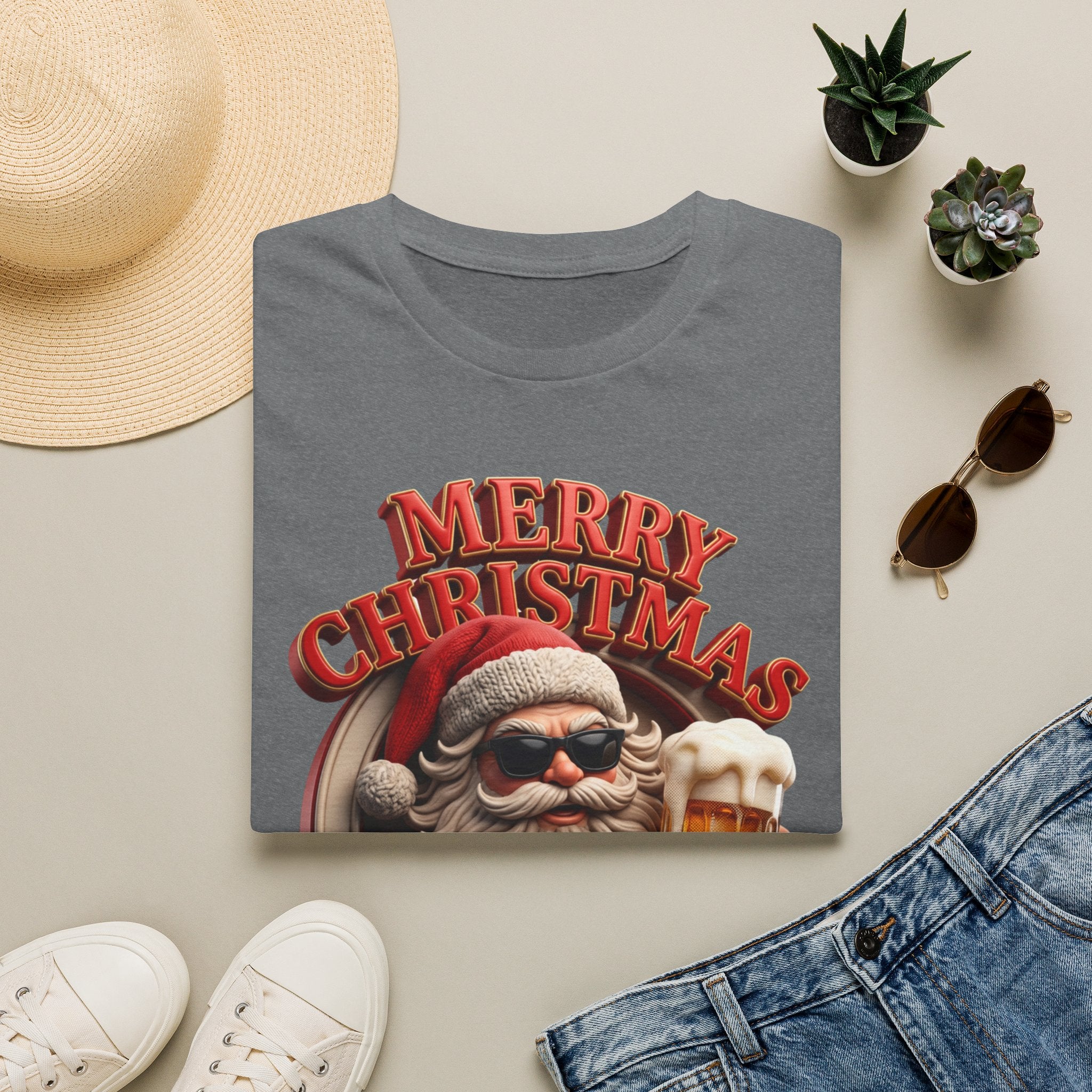 Merry Christmas I'm Drunk Santa print on a Graphite Heather t-shirt, folded beside a straw hat and jeans