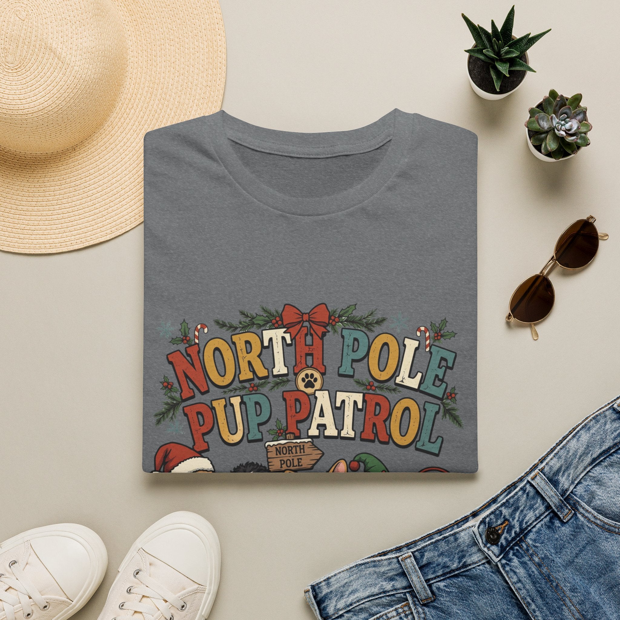 North Pole Pup Patrol Christmas Dogs print on a Graphite Heather t-shirt, folded beside a straw hat and jeans