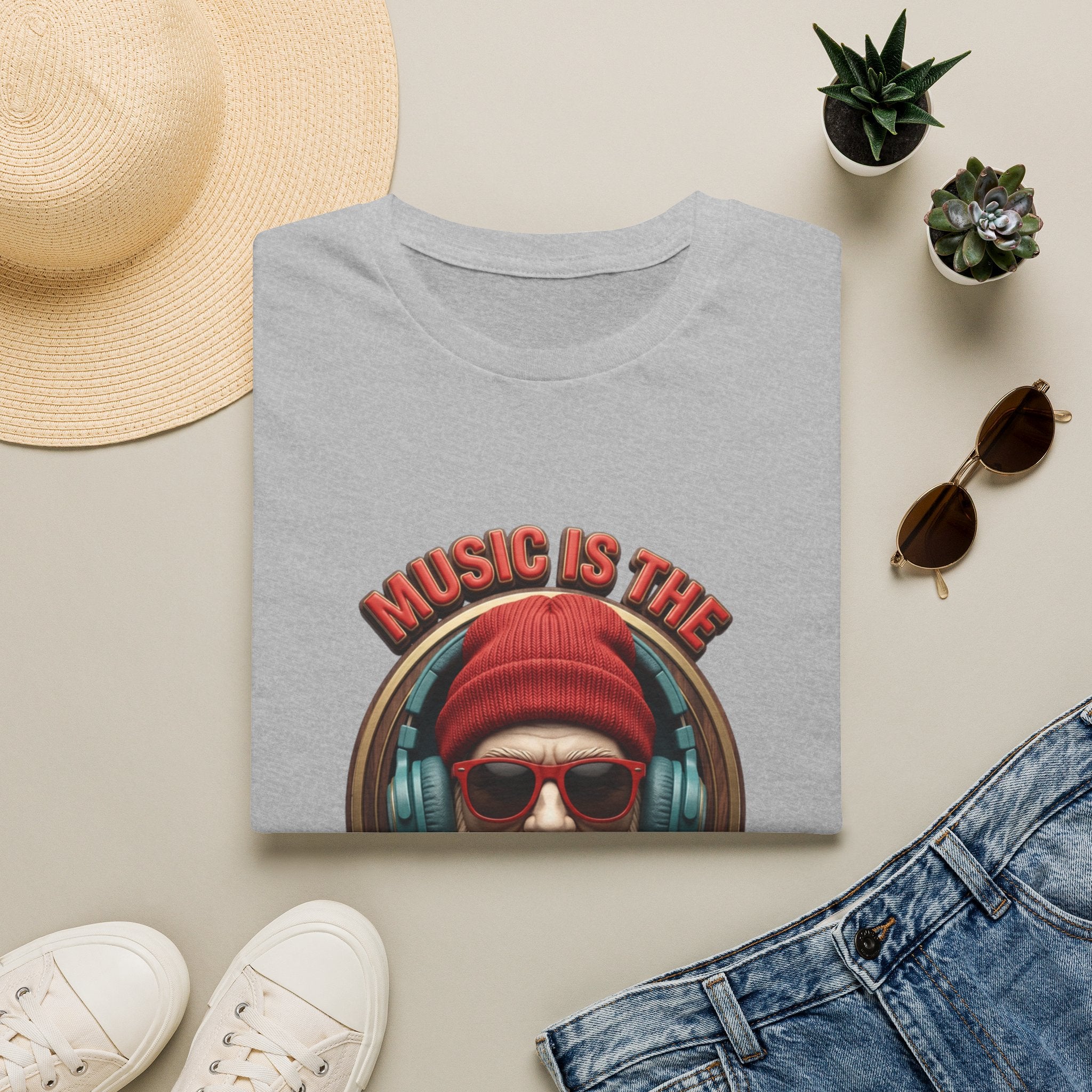 Music Is The Only Therapy Bearded Beanie print on a Sport Grey t-shirt, folded beside a straw hat and jeans