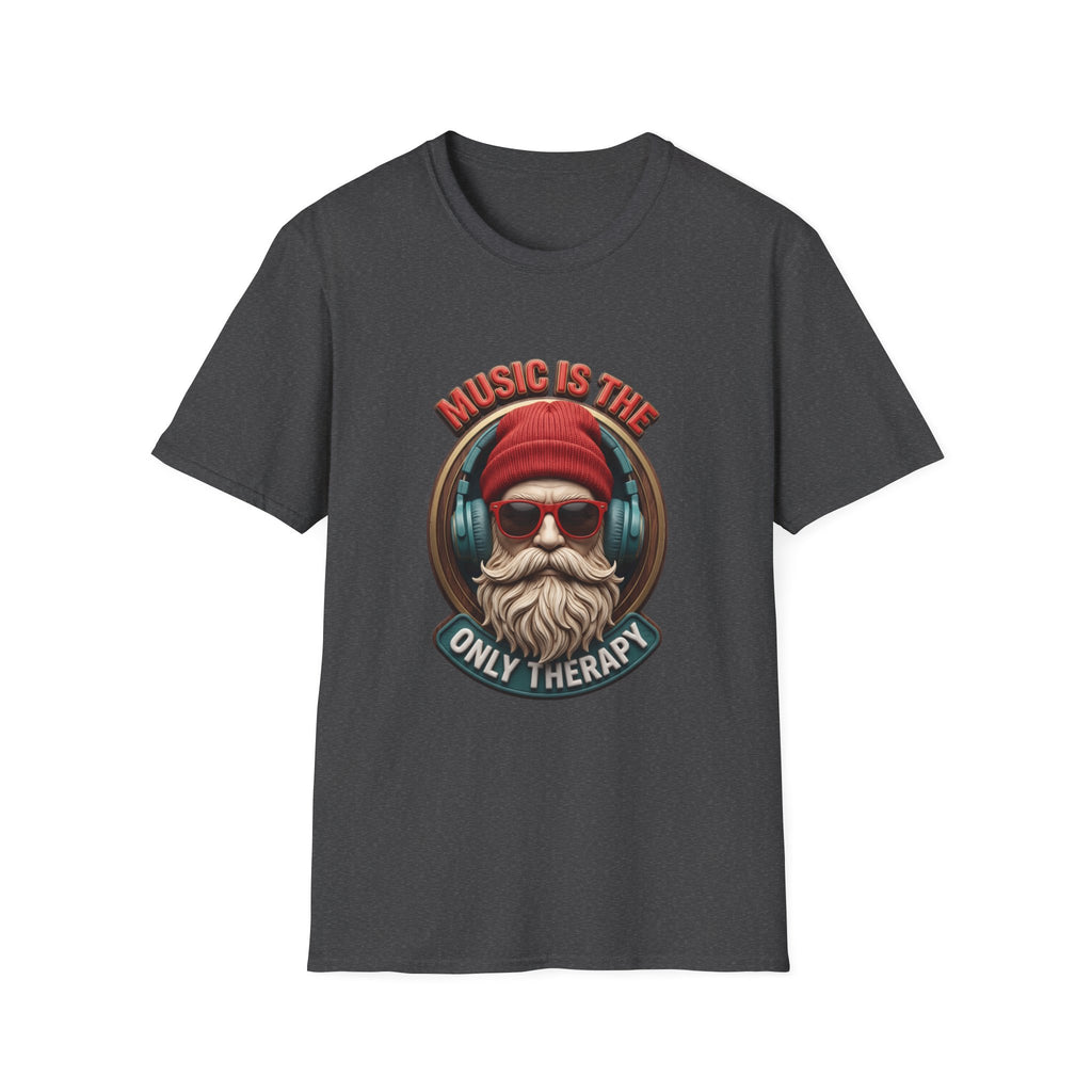 Music Is The Only Therapy Bearded Beanie print on the front of a Dark Heather t-shirt, laid flat on white