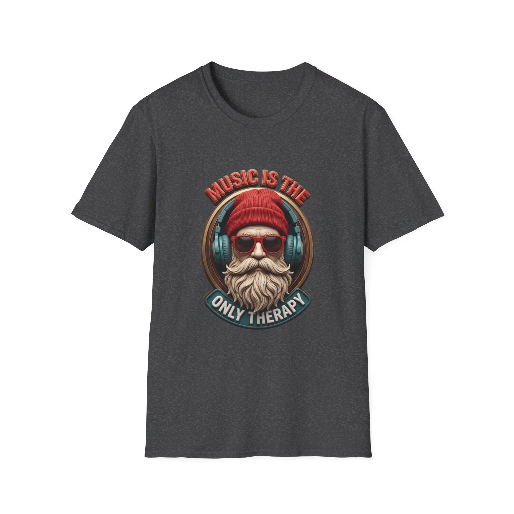 Music Is The Only Therapy Bearded Beanie print on the front of a Dark Heather t-shirt, laid flat on white