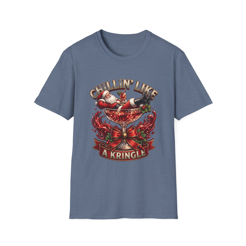 Chillin' Like a Kringle Santa print on the front of a Heather Indigo t-shirt, laid flat on white