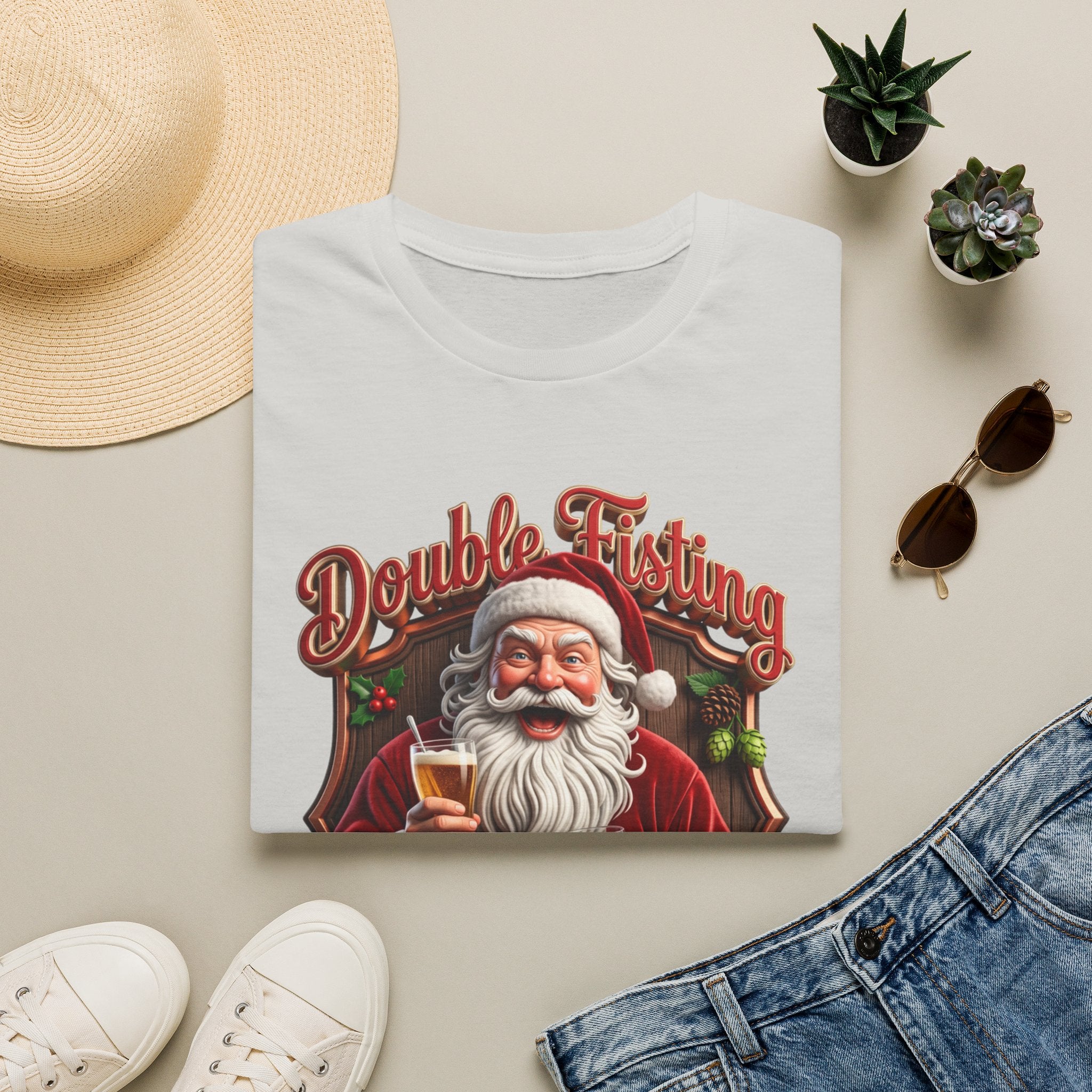 Santa Beer in Each Hand Funny print on an Ice Grey t-shirt, folded beside a straw hat and jeans
