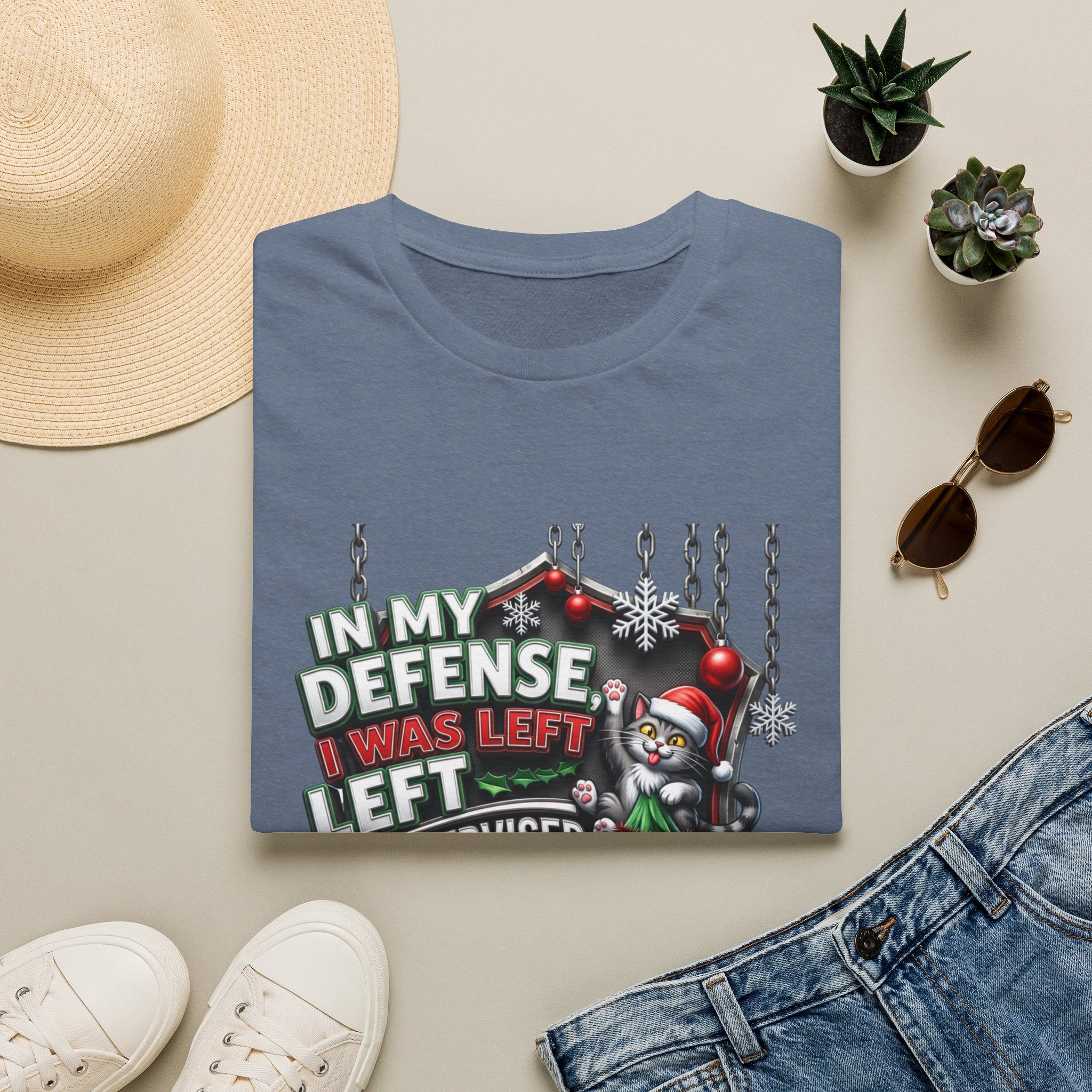 Cat In My Defense Left Unsupervised print on a Heather Indigo t-shirt, folded beside a straw hat and jeans
