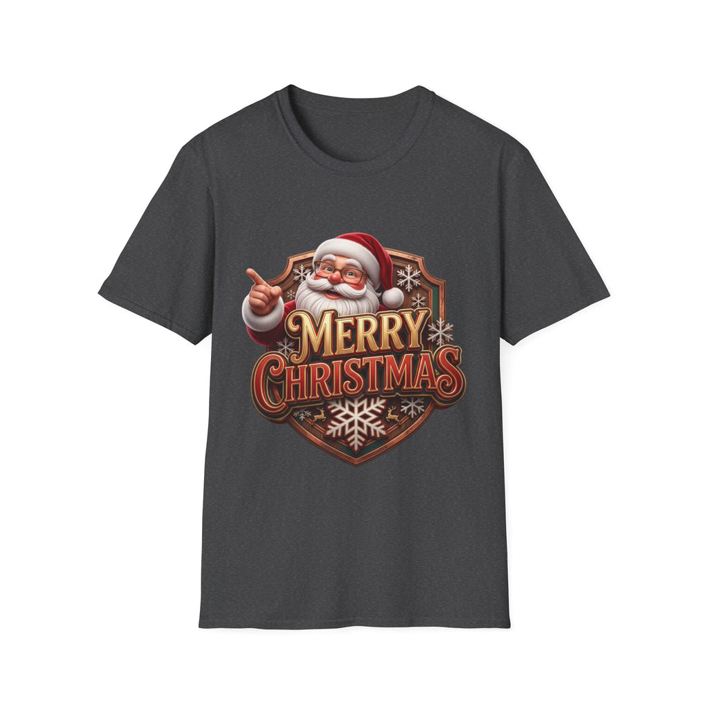 Vintage Santa Merry Christmas Badge print on the front of a Dark Heather t-shirt, laid flat on white
