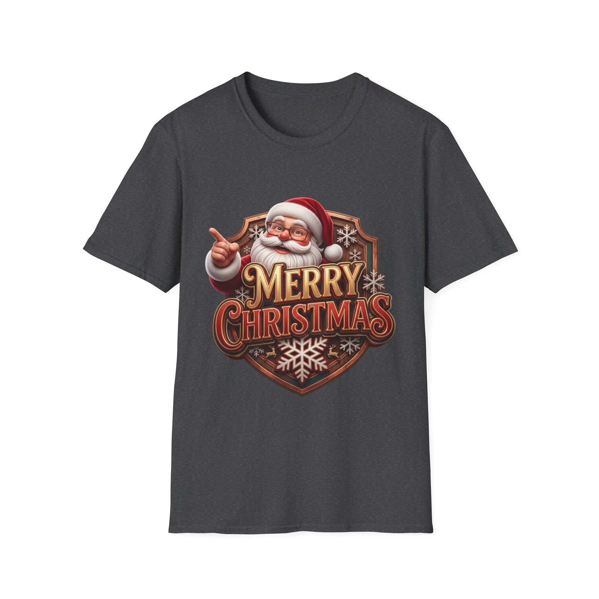 Vintage Santa Merry Christmas Badge print on the front of a Dark Heather t-shirt, laid flat on white