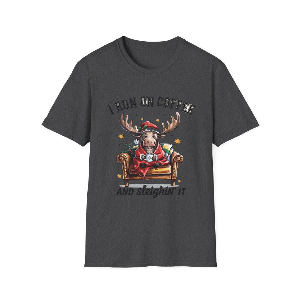 Moose I Run On Coffee and Sleighin' It print on the front of a Dark Heather t-shirt, laid flat on white