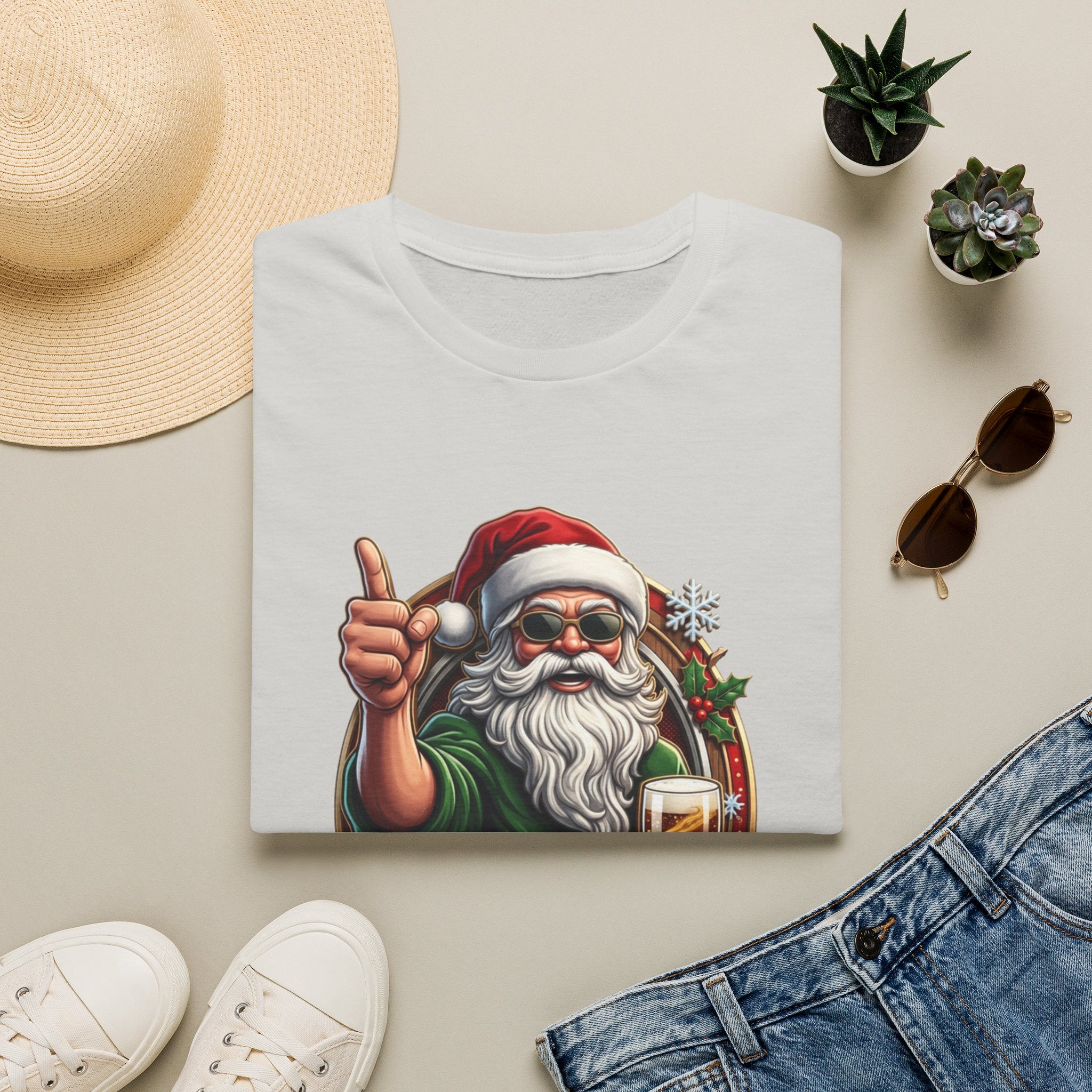 Cheers to the Naughty List Santa Beer print on an Ice Grey t-shirt, folded beside a straw hat and jeans