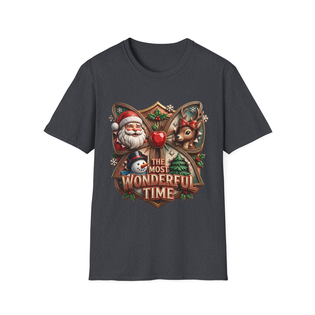 The Most Wonderful Time Wood Crest Santa print on the front of a Dark Heather Grey t-shirt, laid flat on white
