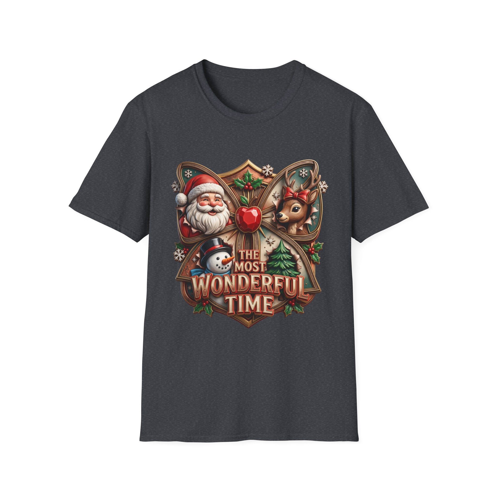 The Most Wonderful Time Wood Crest Santa print on the front of a Dark Heather Grey t-shirt, laid flat on white